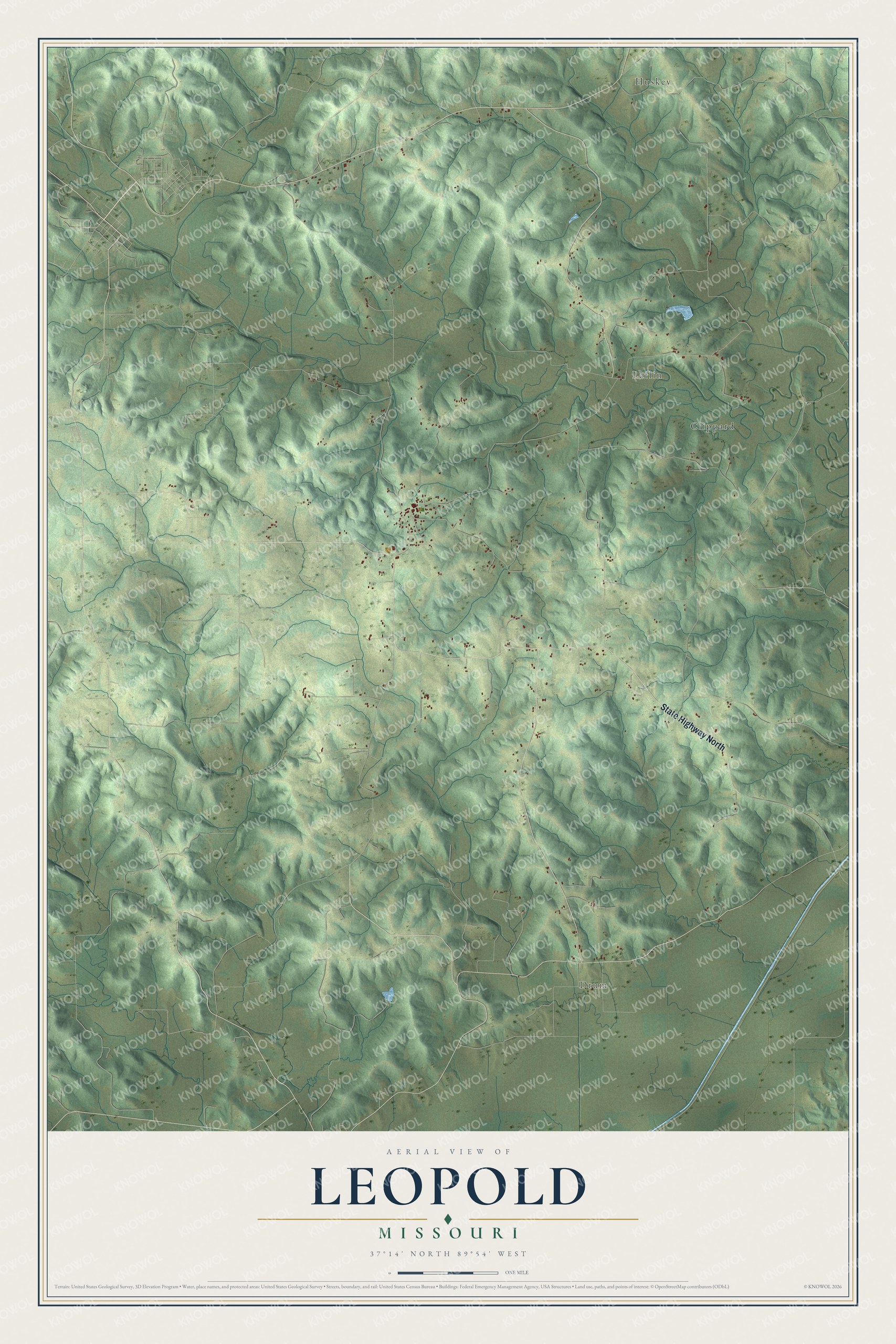 Full map of Leopold, Missouri, with red buildings, printed street names and the land around them