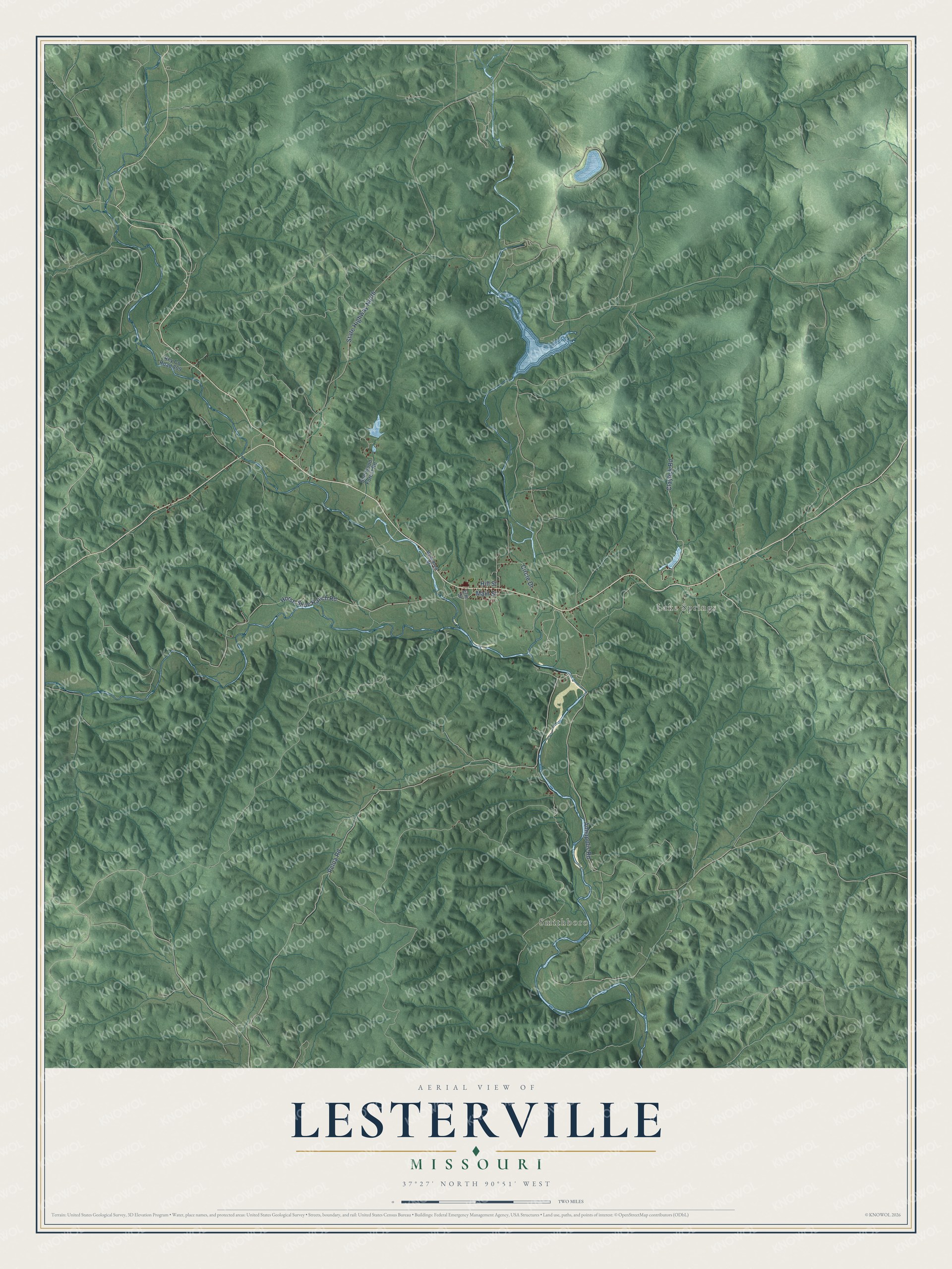 Full map of Lesterville, Missouri, with red buildings, printed street names and the land around them