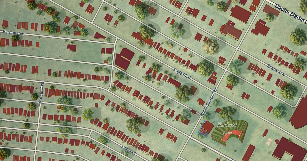 Close-up of streets and buildings in Lewis Place, Missouri