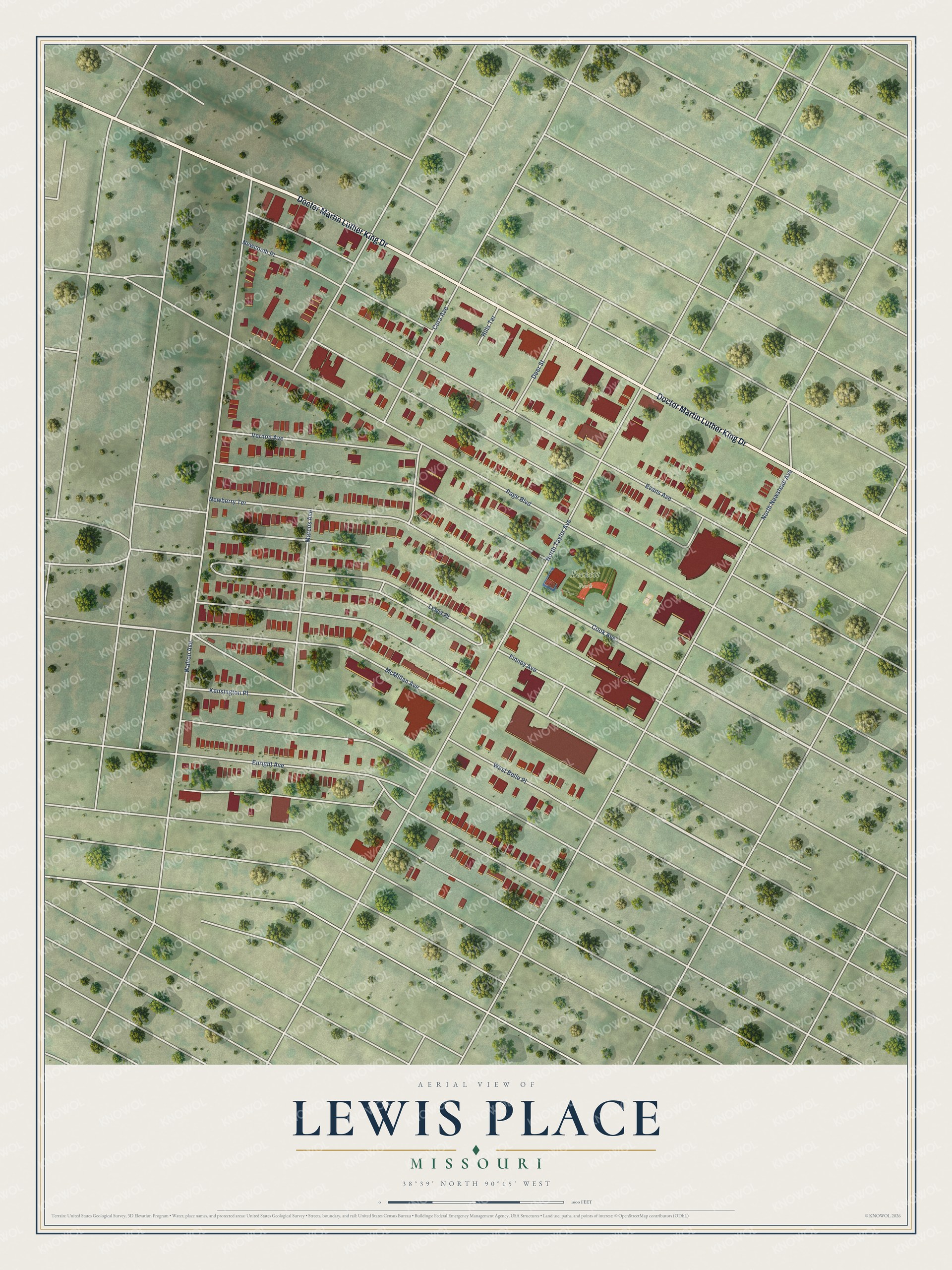 Full map of Lewis Place, Missouri, with red buildings, printed street names and the land around them