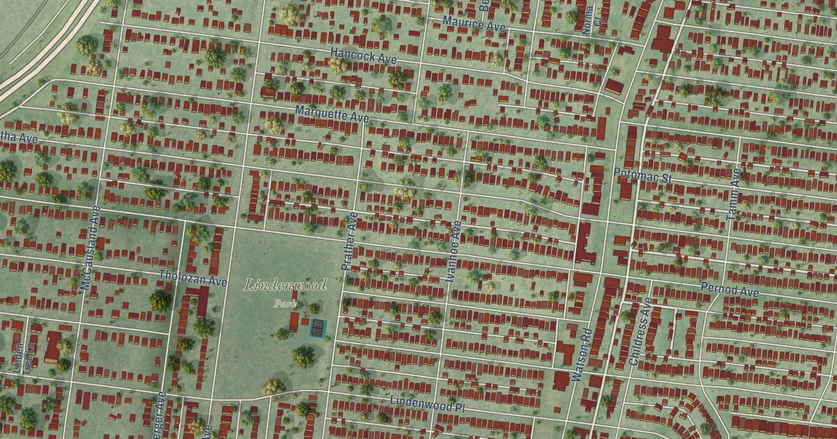 Close-up of streets and buildings in Lindenwood Park, Missouri