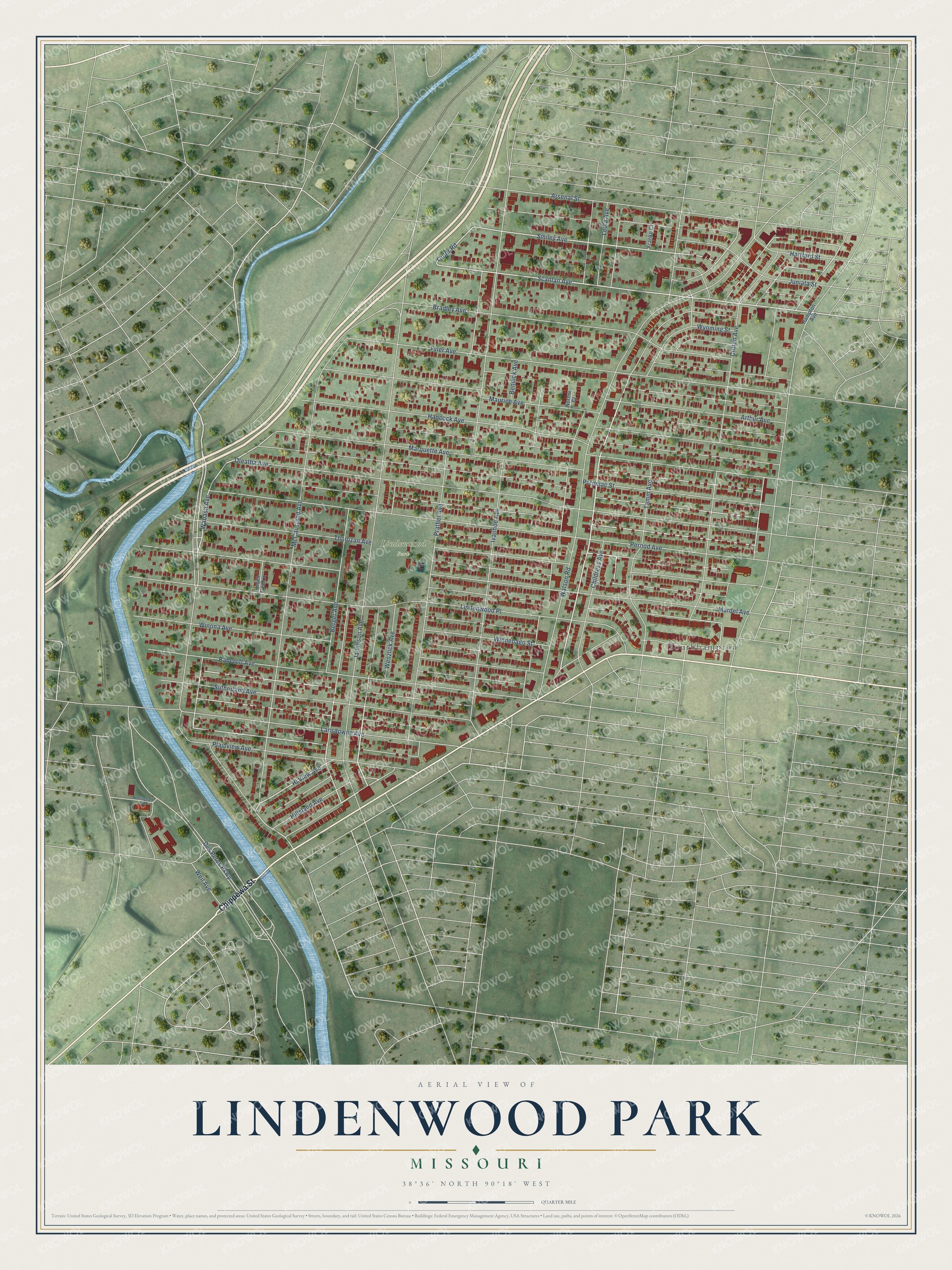 Full map of Lindenwood Park, Missouri, with red buildings, printed street names and the land around them