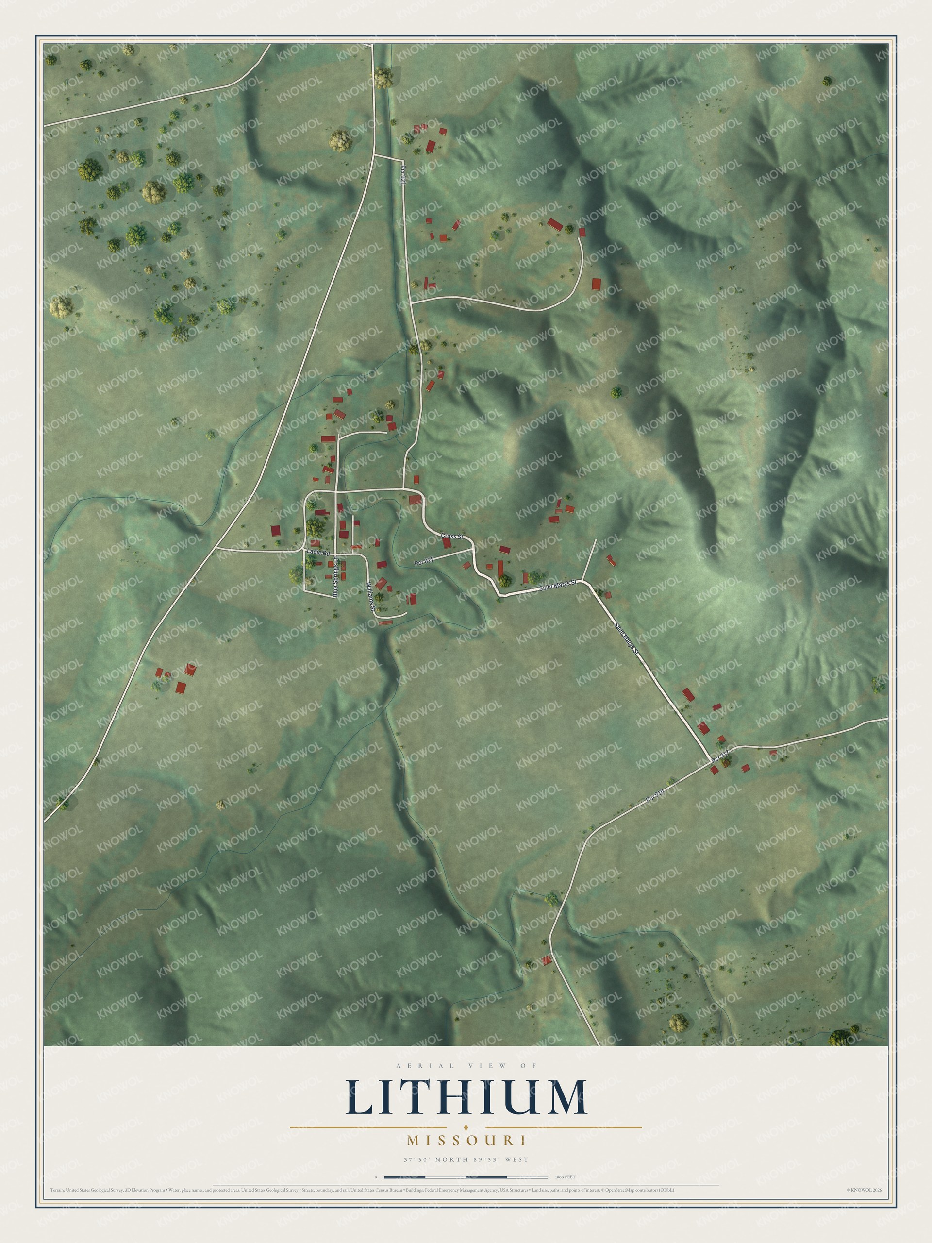 Full map of Lithium, Missouri, with red buildings, printed street names and the land around them