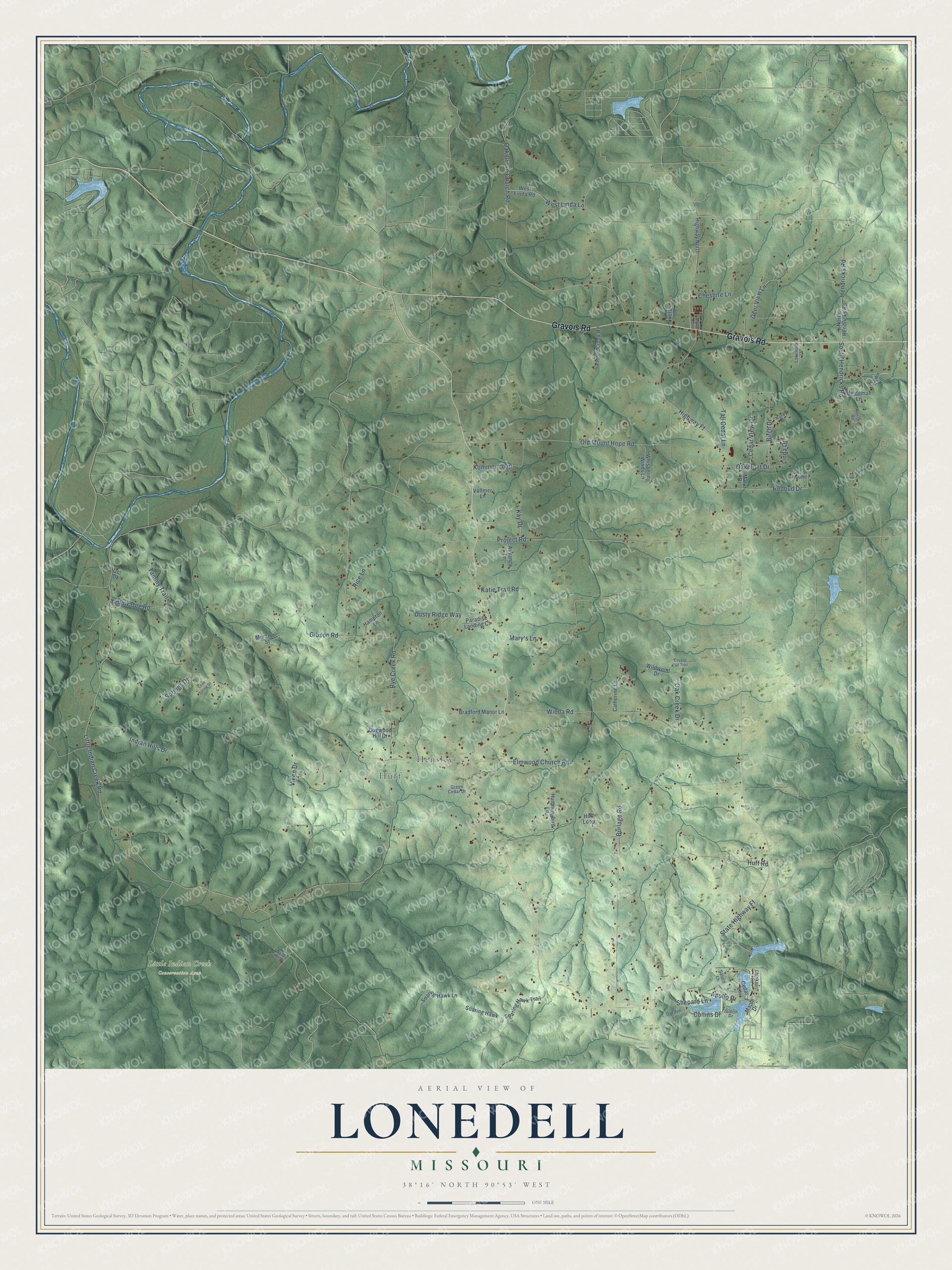 Full map of Lonedell, Missouri, with red buildings, printed street names and the land around them