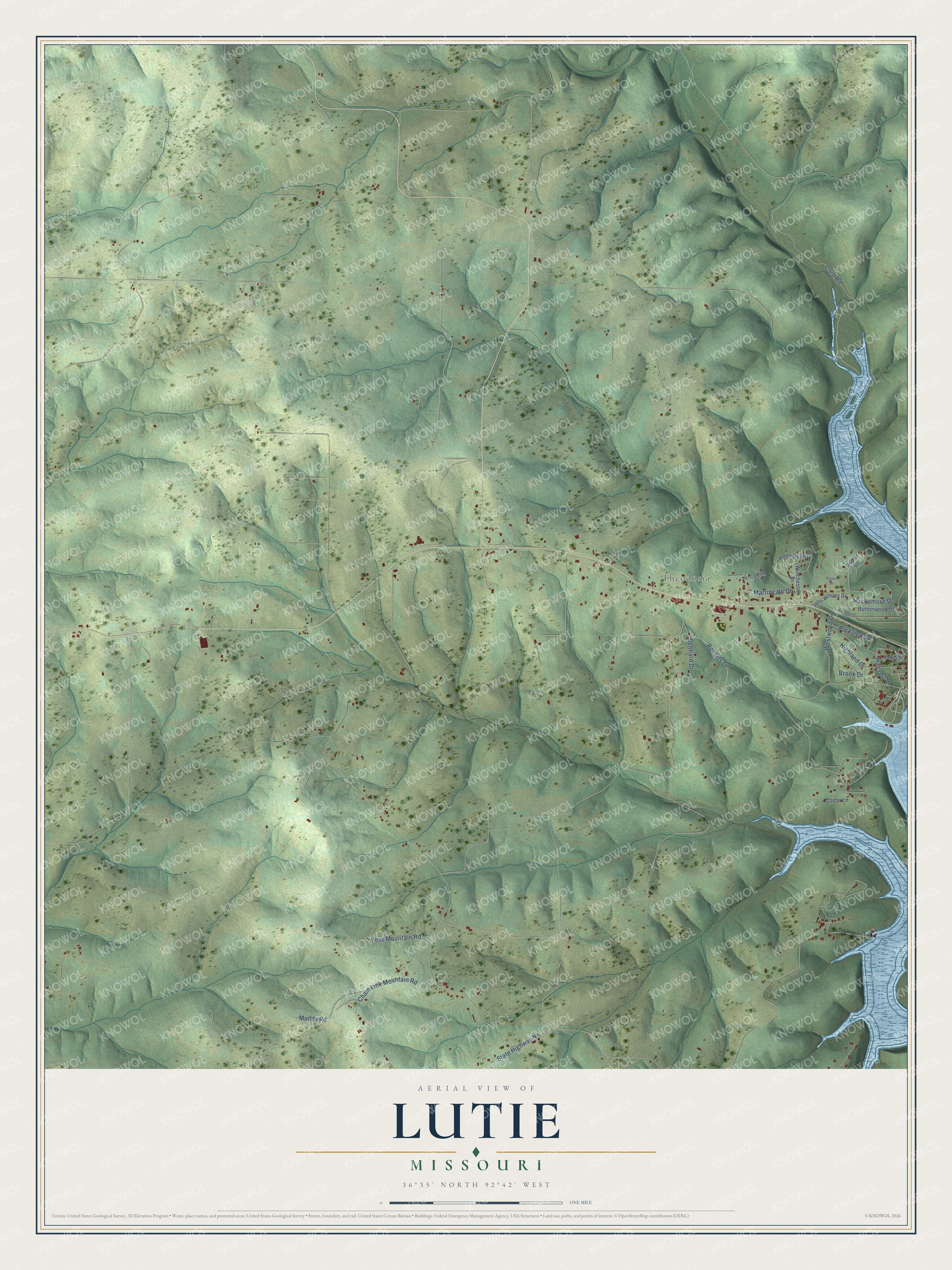 Full map of Lutie, Missouri, with red buildings, printed street names and the land around them