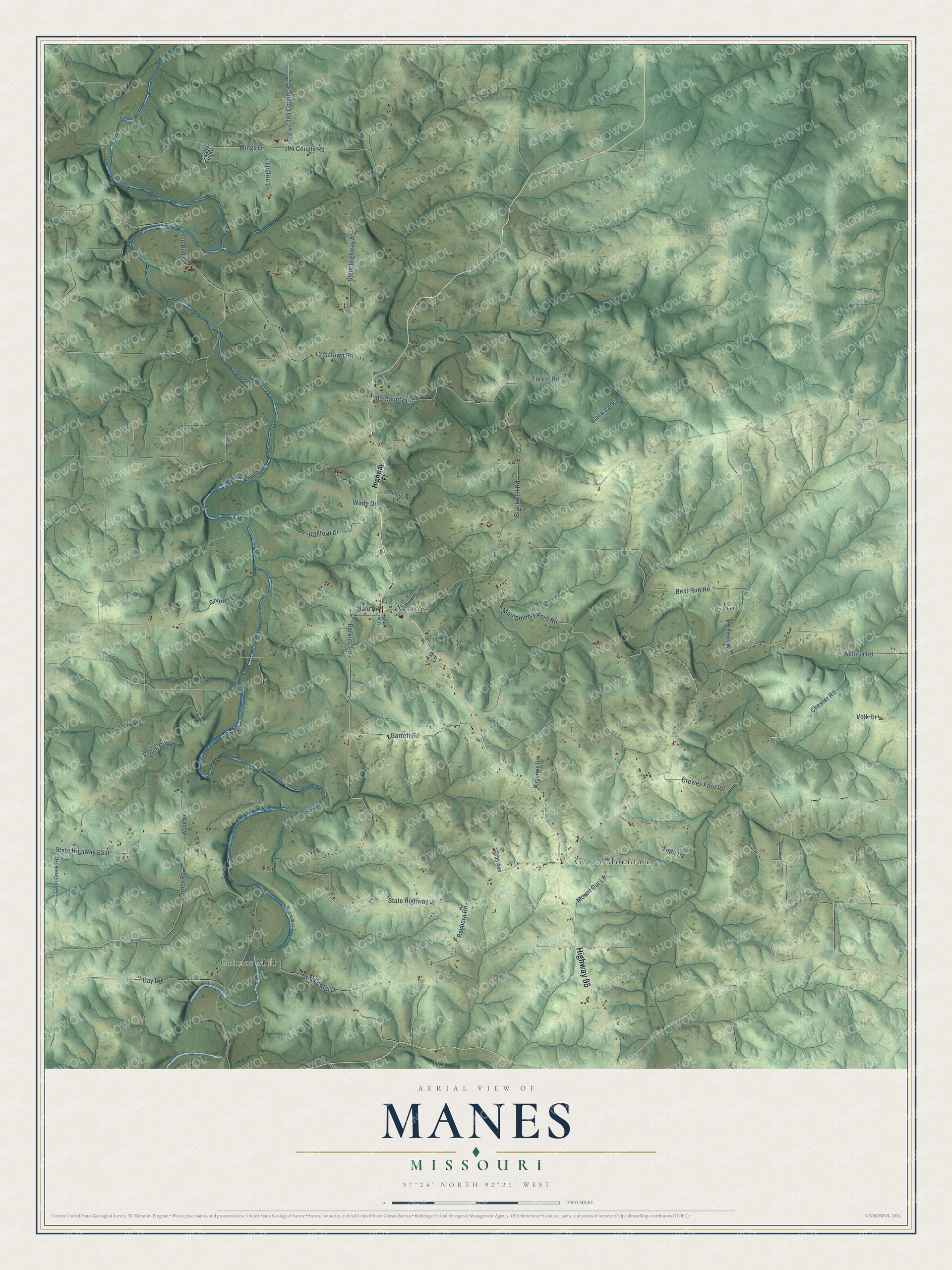 Full map of Manes, Missouri, with red buildings, printed street names and the land around them