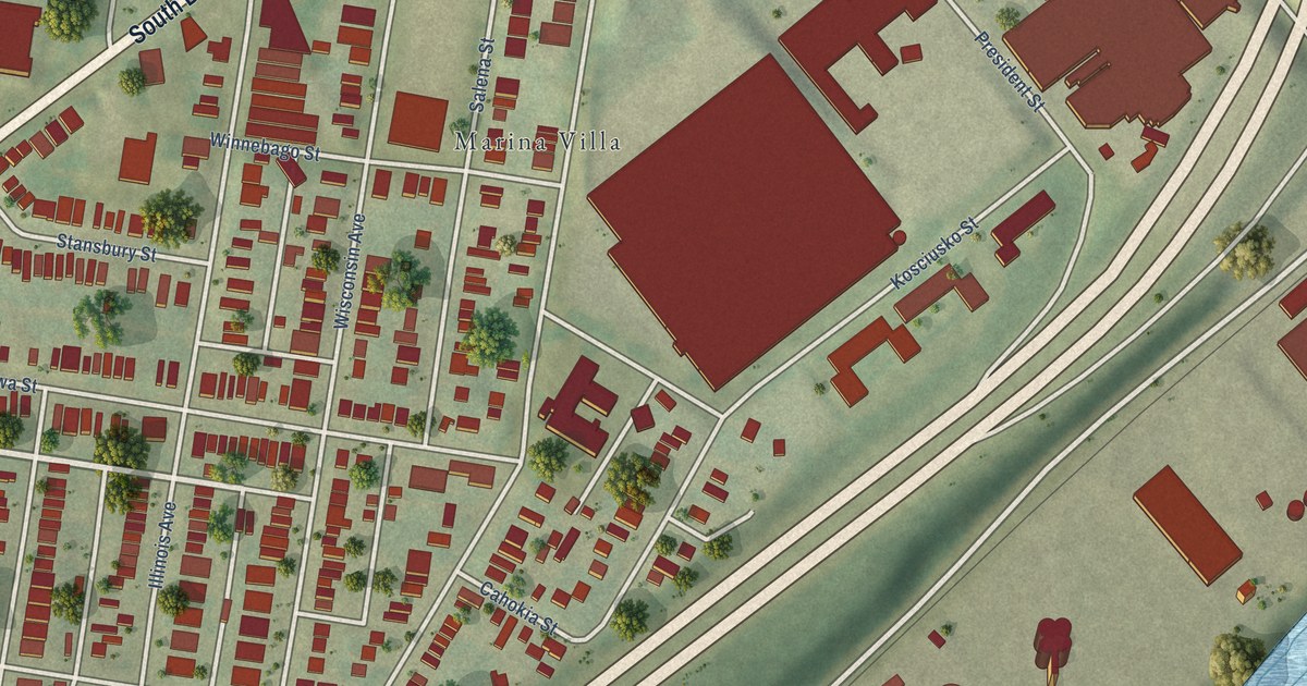 Close-up of streets and buildings in Marine Villa, Missouri