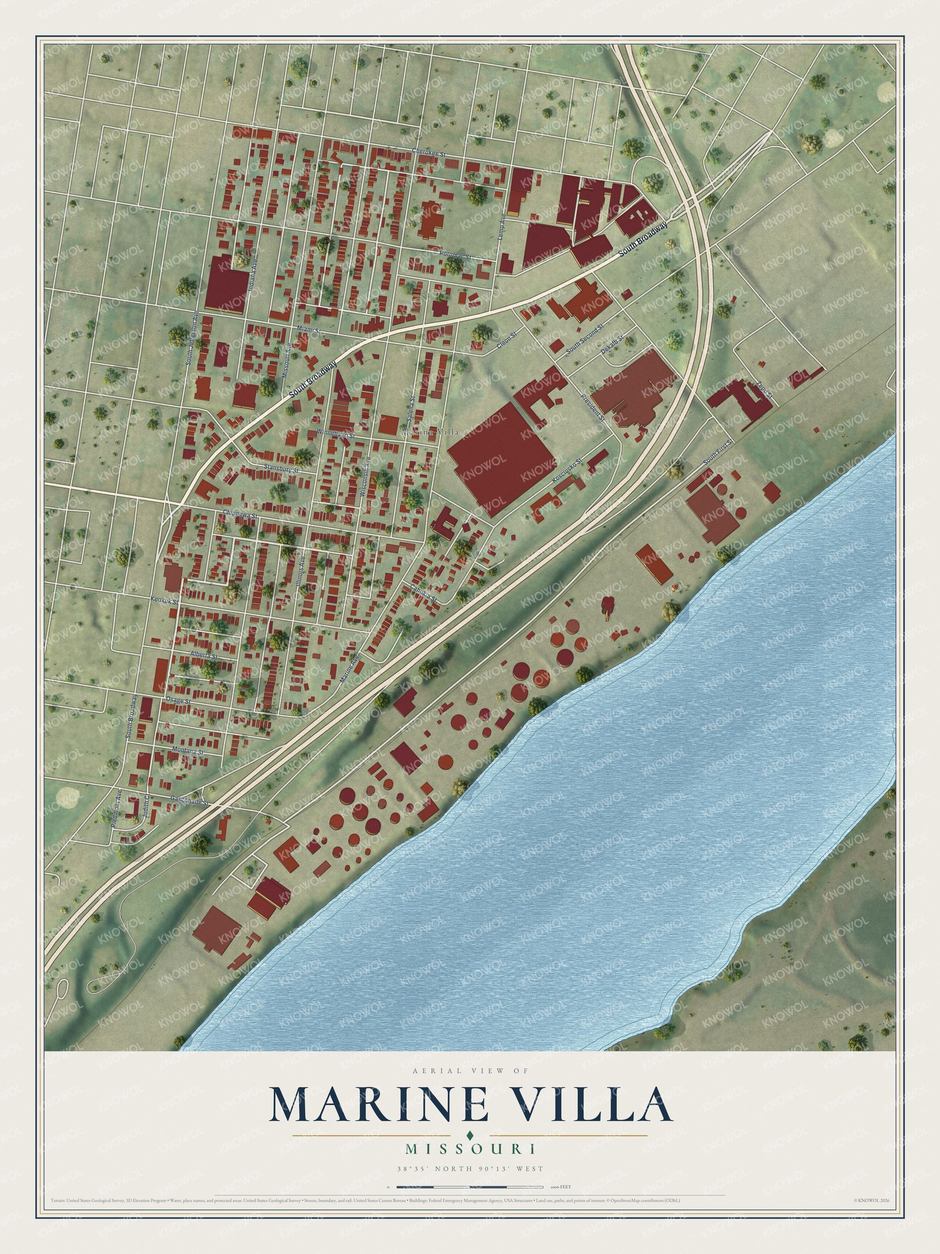 Full map of Marine Villa, Missouri, with red buildings, printed street names and the land around them