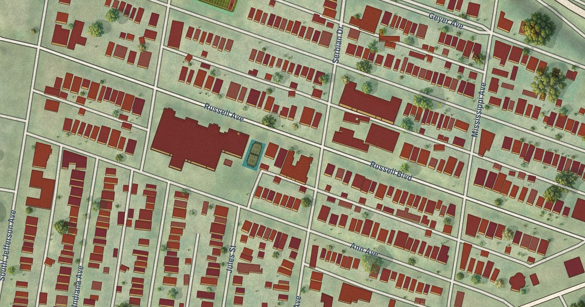Close-up of streets and buildings in McKinley Heights, Missouri