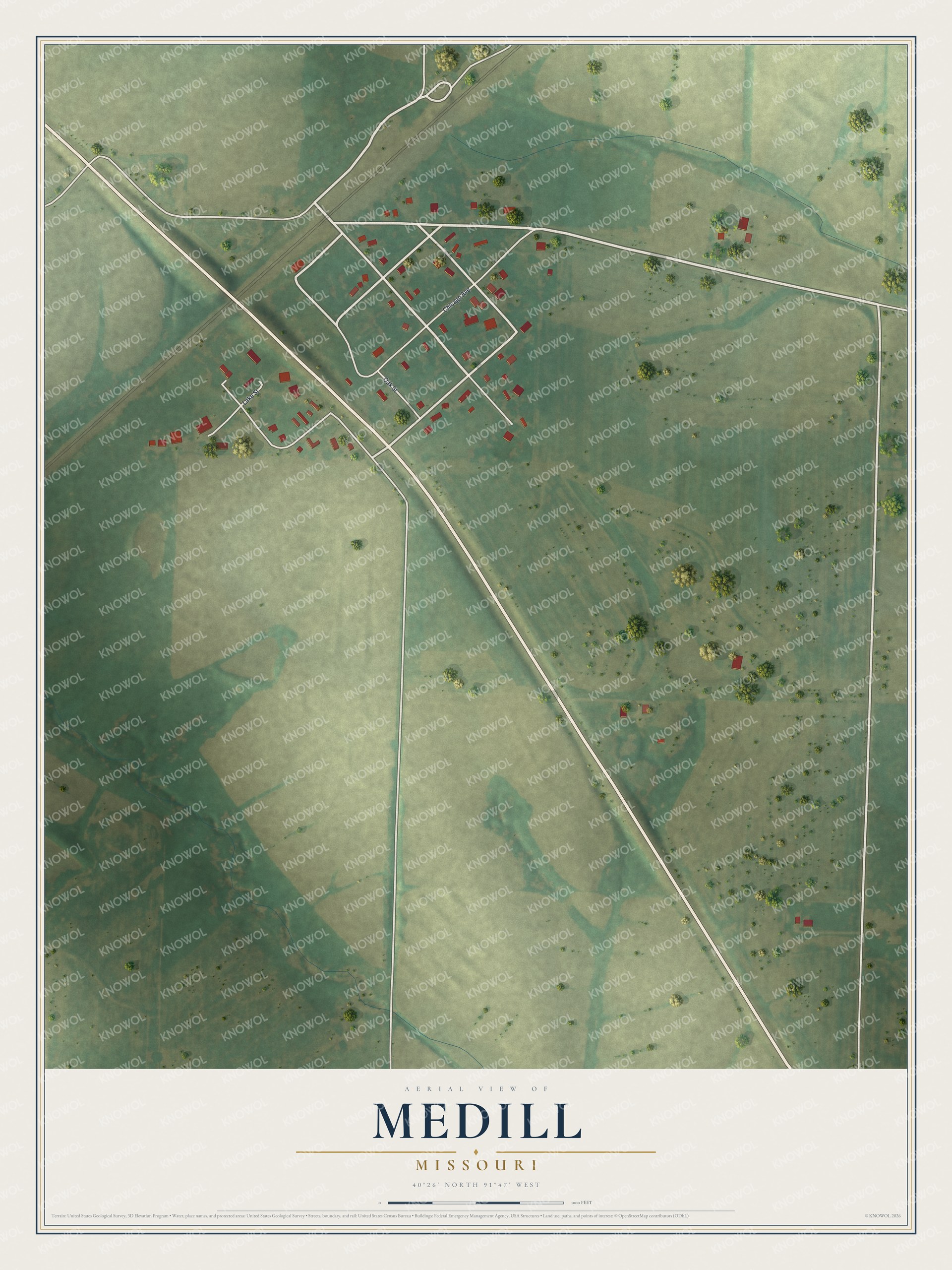 Full map of Medill, Missouri, with red buildings, printed street names and the land around them