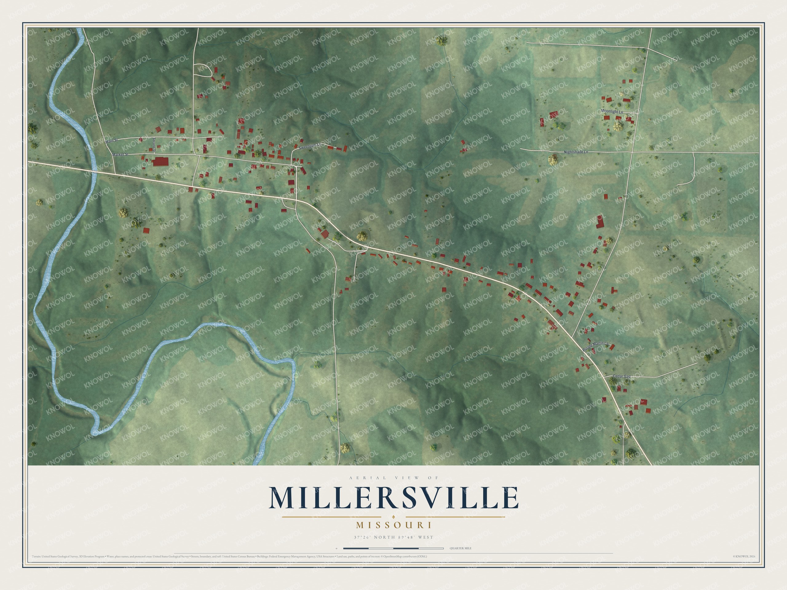 Full map of Millersville, Missouri, with red buildings, printed street names and the land around them