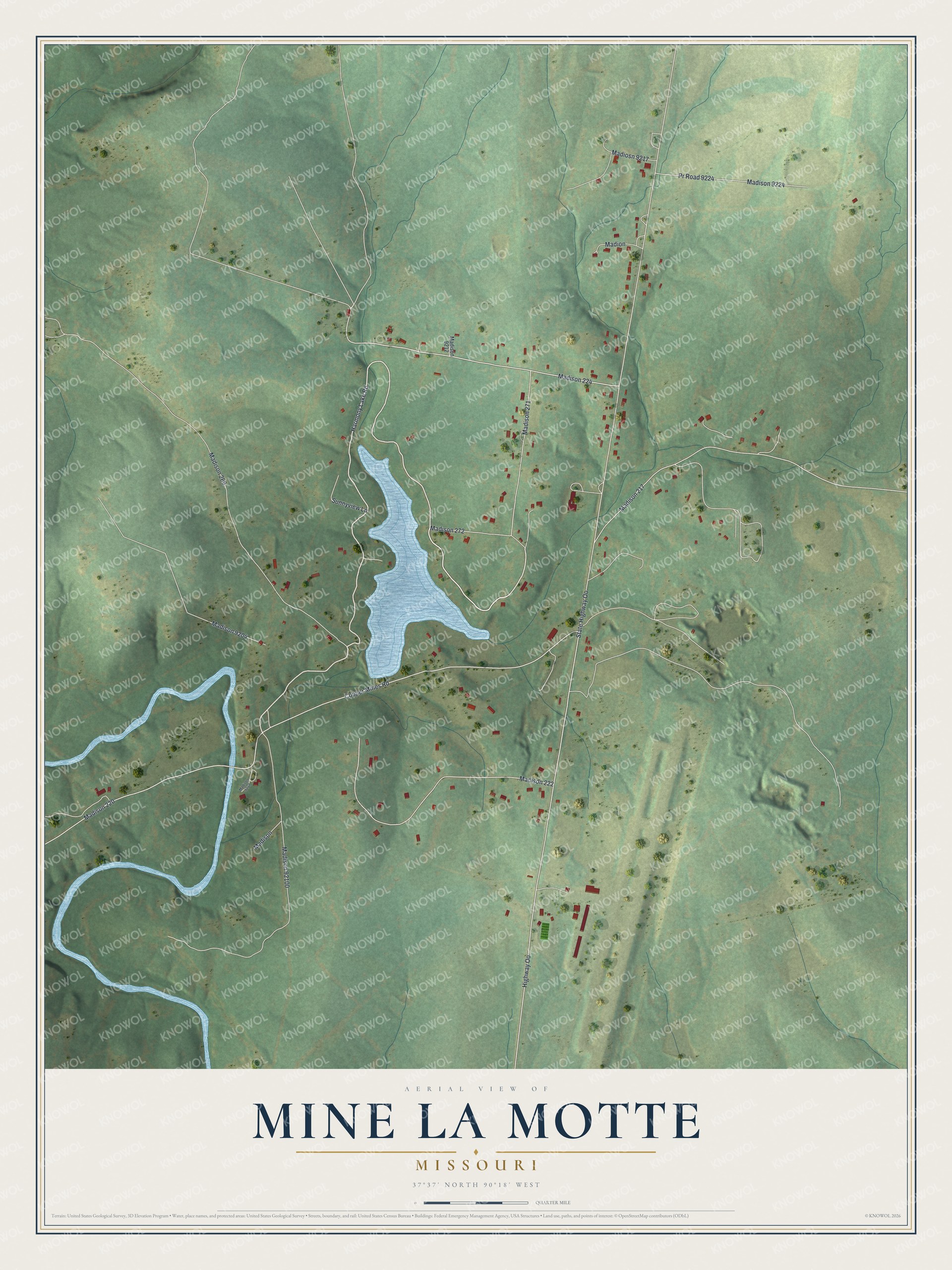 Full map of Mine La Motte, Missouri, with red buildings, printed street names and the land around them