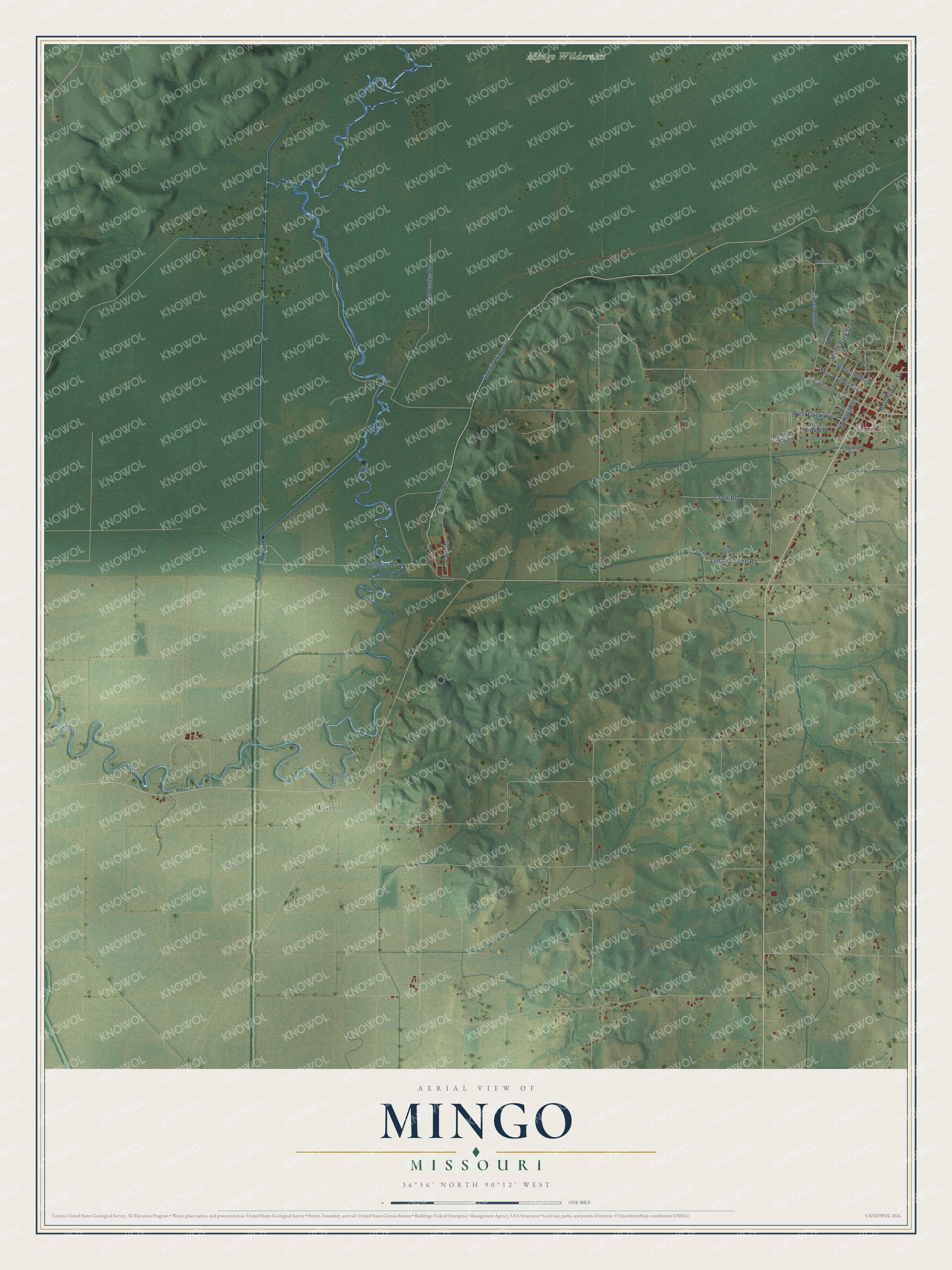 Full map of Mingo, Missouri, with red buildings, printed street names and the land around them