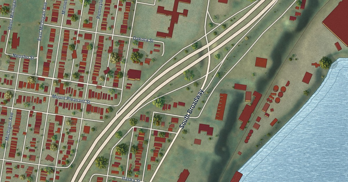 Close-up of streets and buildings in Mount Pleasant, Missouri
