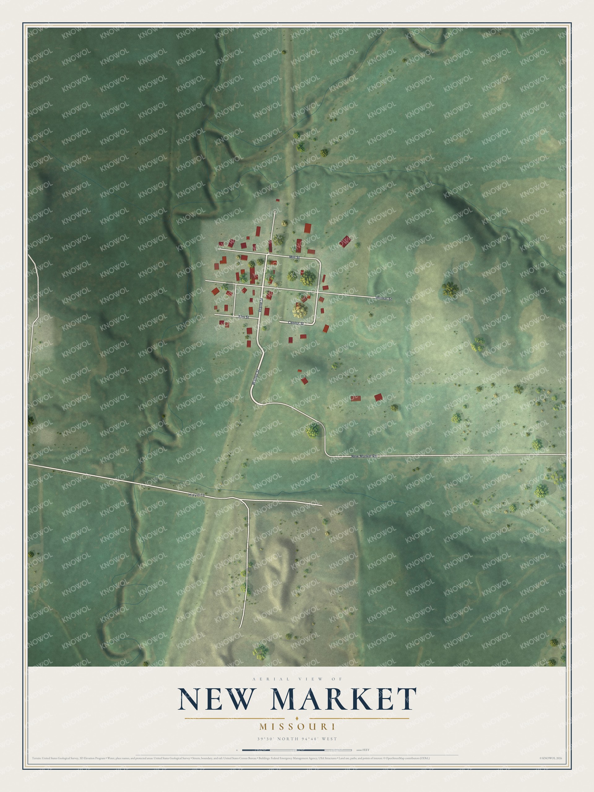 Full map of New Market, Missouri, with red buildings, printed street names and the land around them