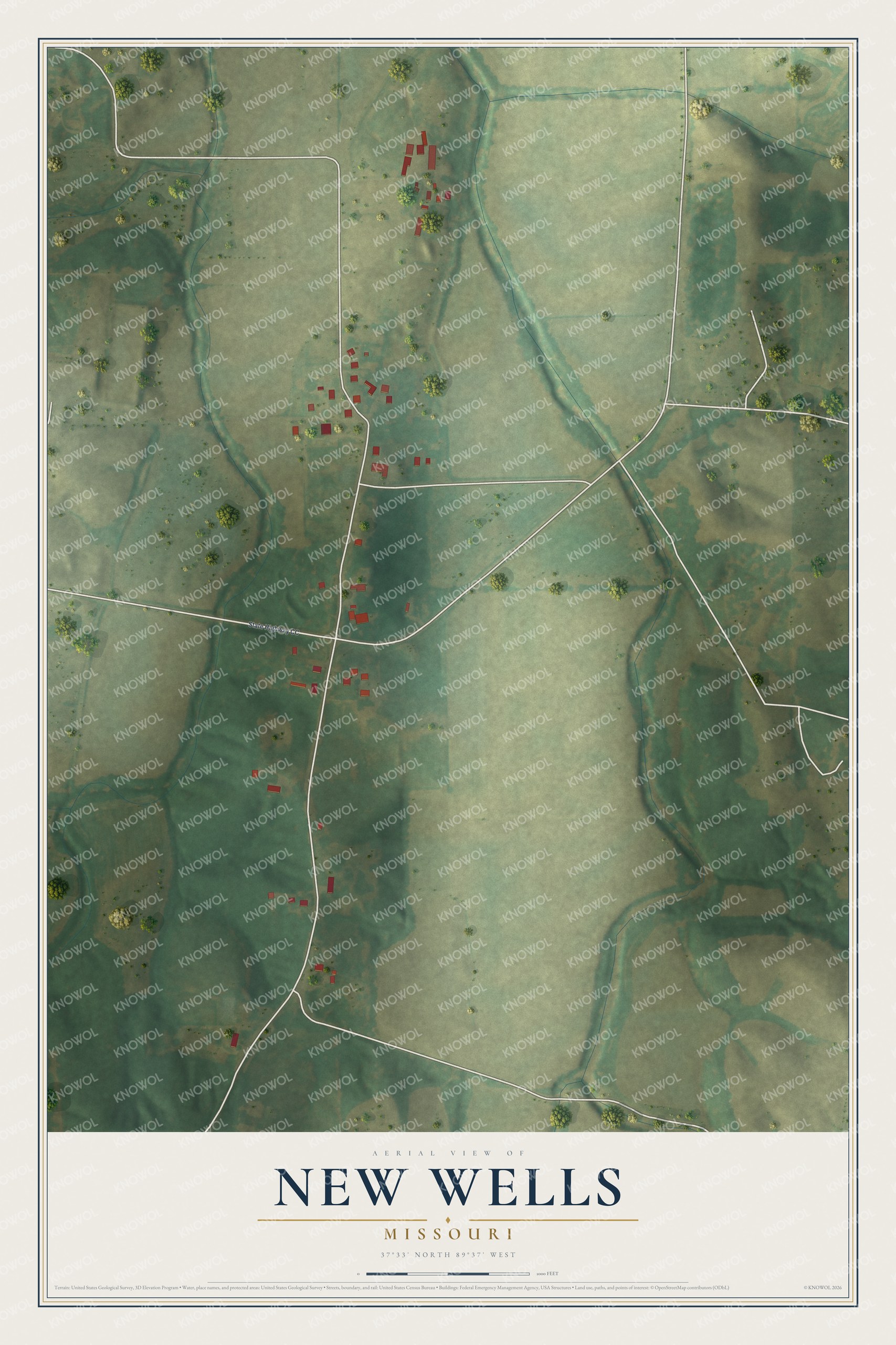 Full map of New Wells, Missouri, with red buildings, printed street names and the land around them