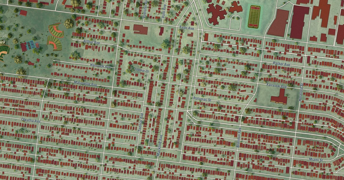 Close-up of streets and buildings in North Hampton, Missouri