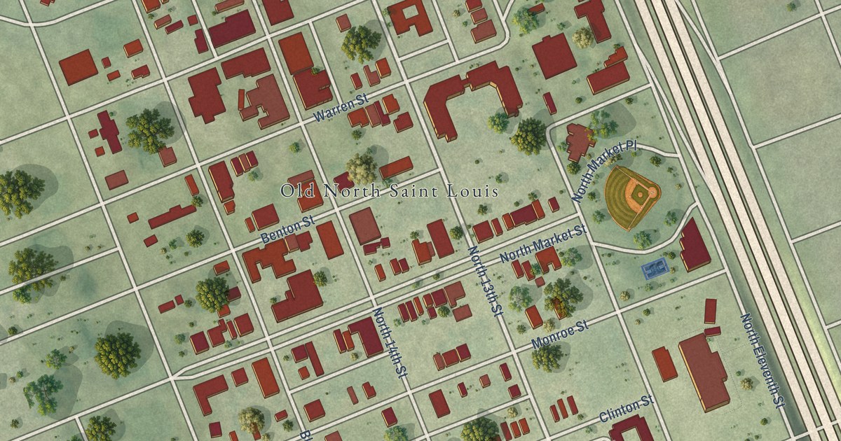 Close-up of streets and buildings in Old North St. Louis, Missouri