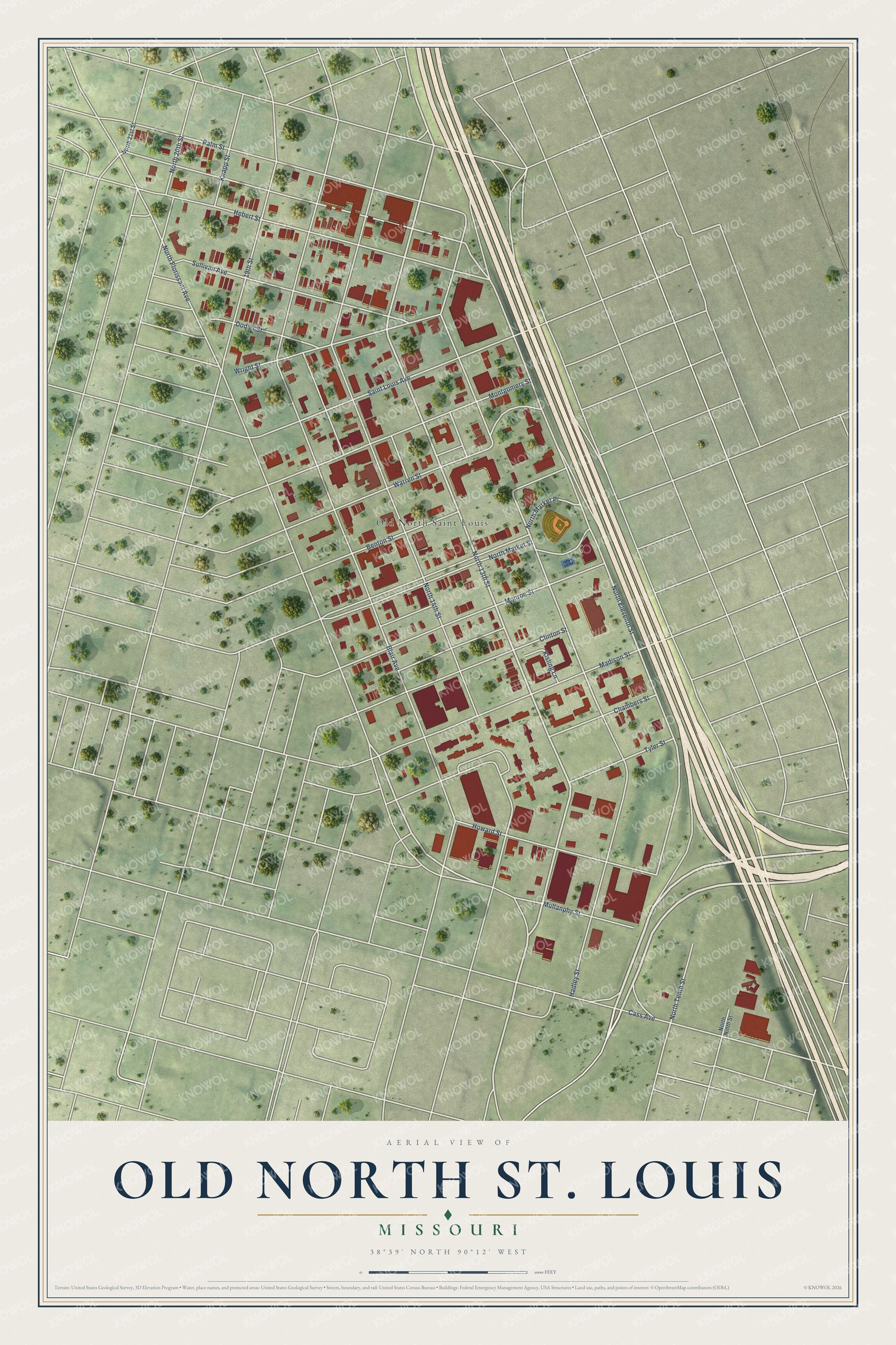 Full map of Old North St. Louis, Missouri, with red buildings, printed street names and the land around them