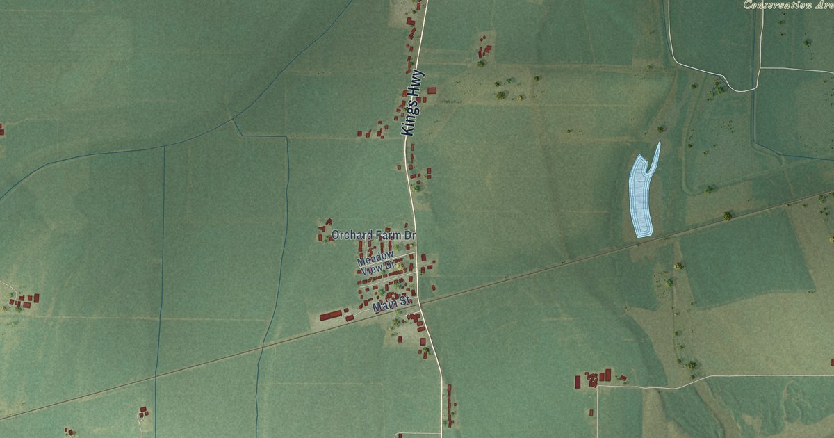 Close-up of streets and buildings in Orchard Farm, Missouri