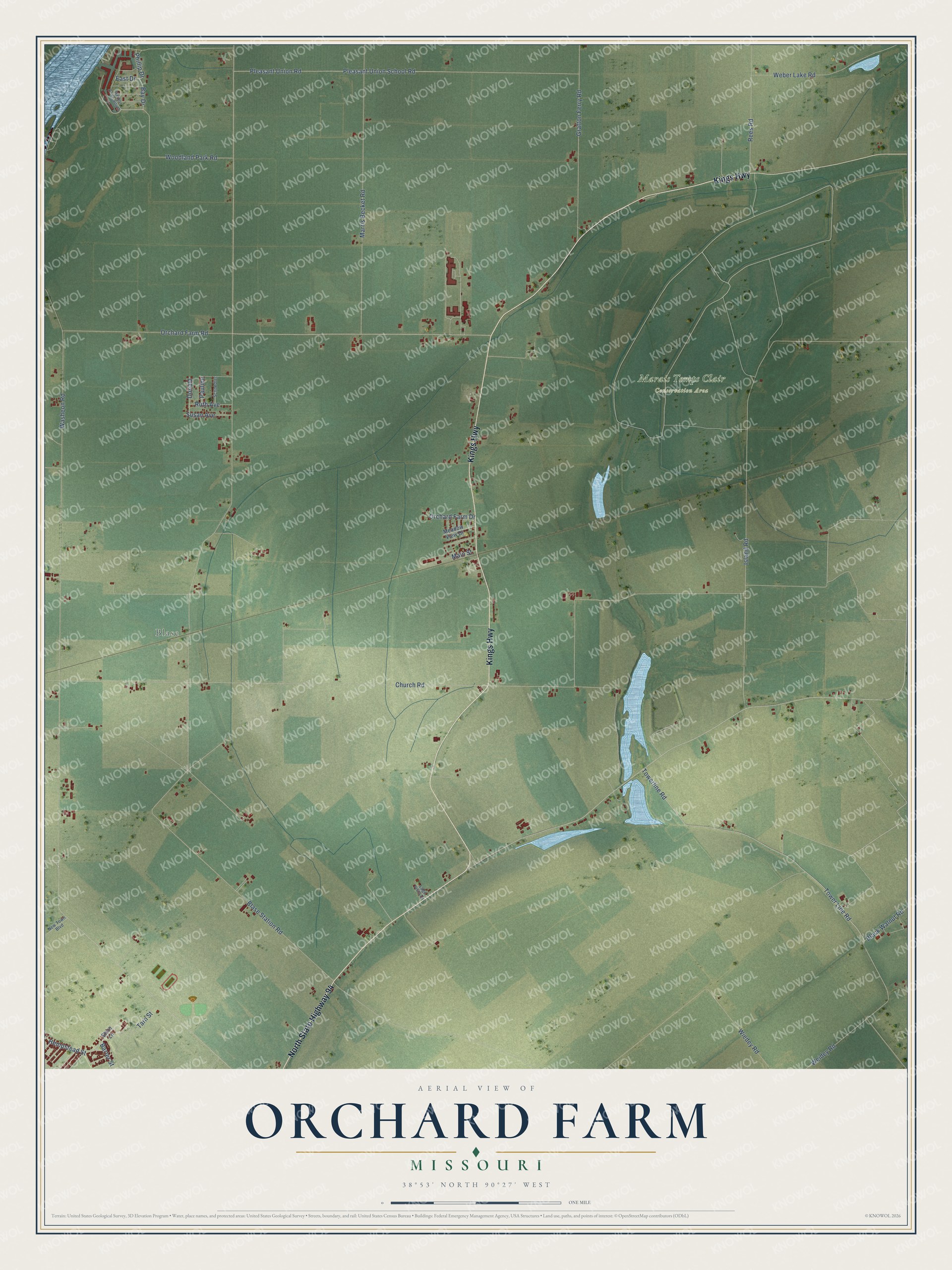 Full map of Orchard Farm, Missouri, with red buildings, printed street names and the land around them