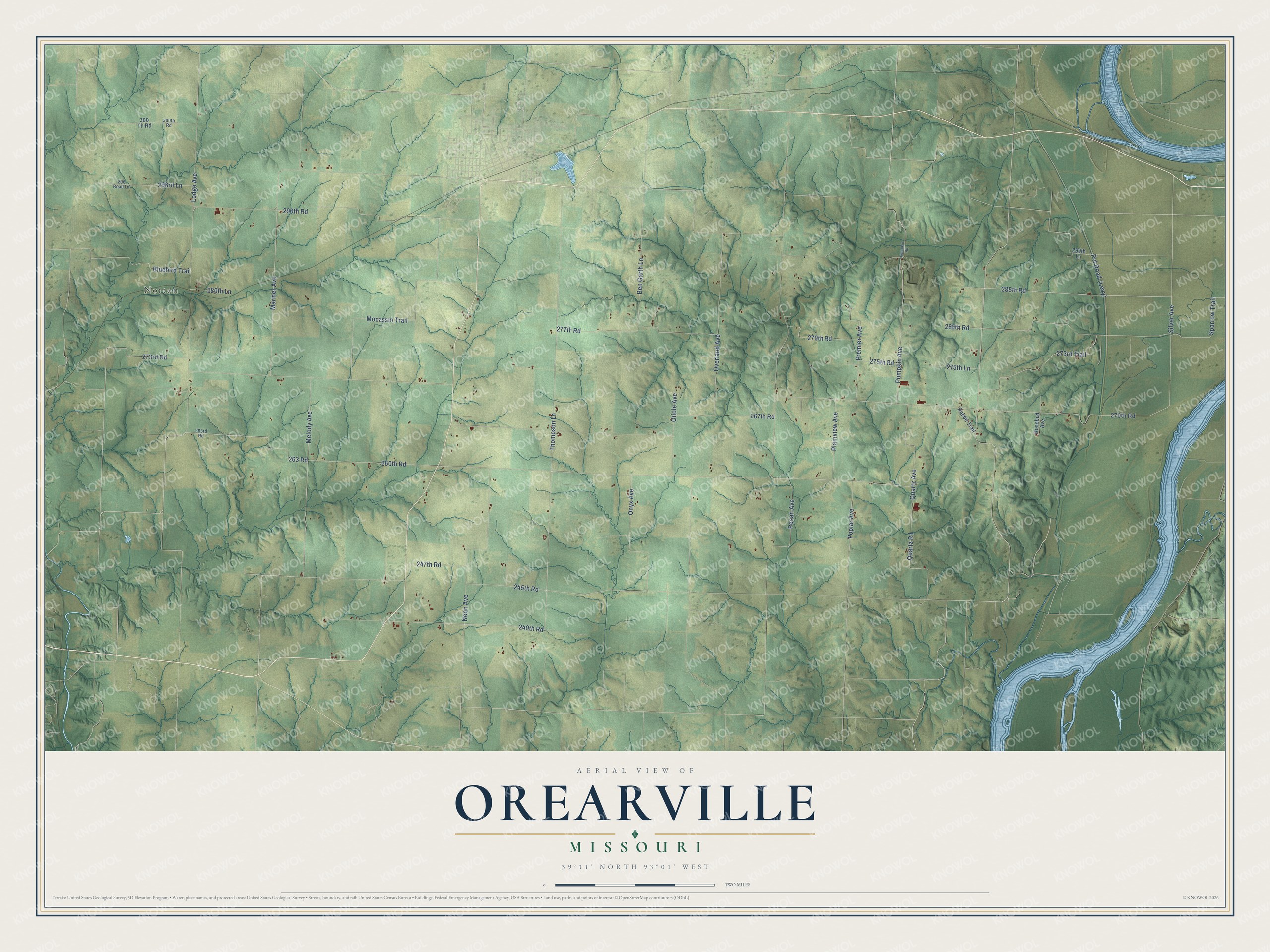 Full map of Orearville, Missouri, with red buildings, printed street names and the land around them
