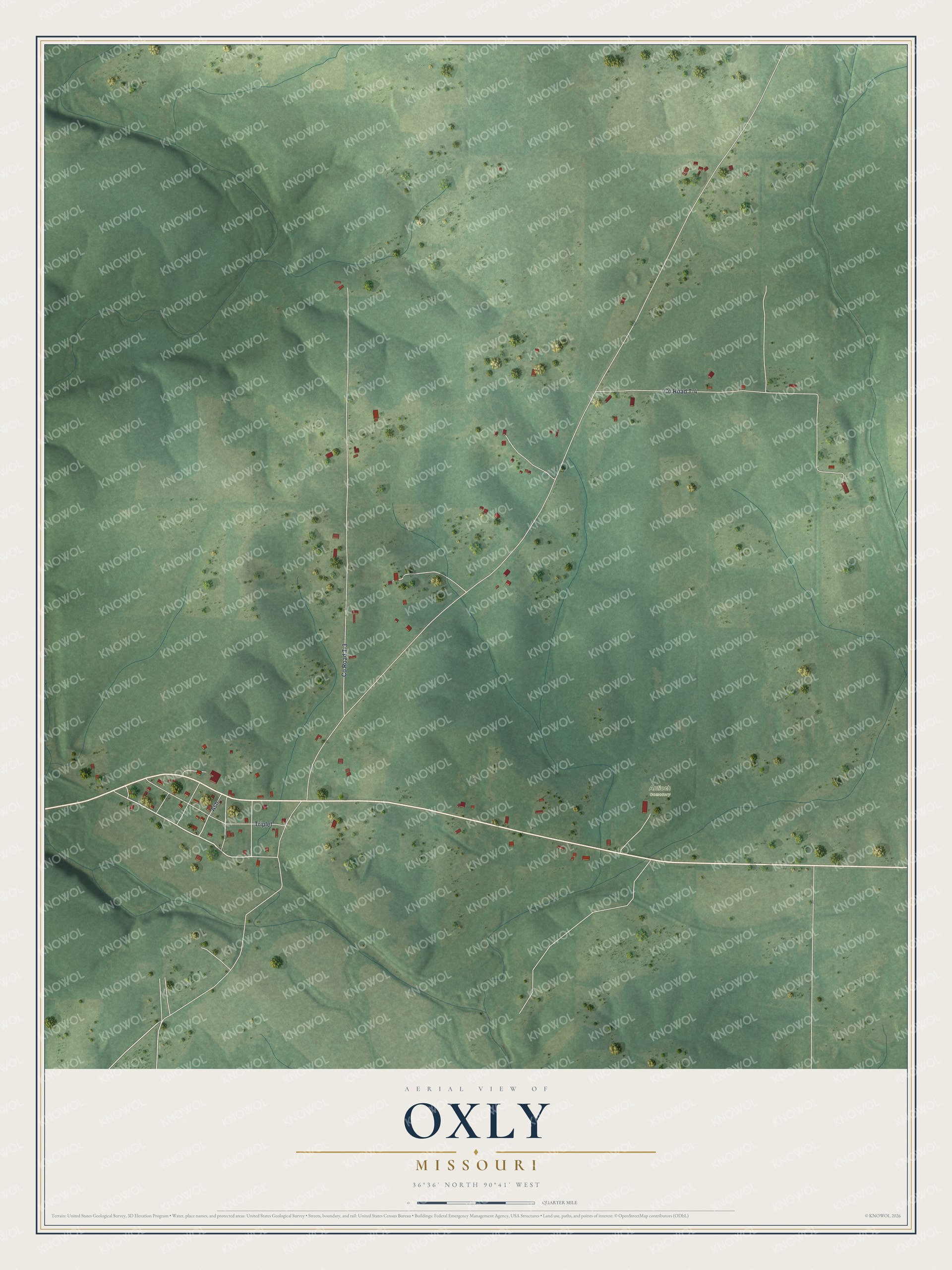 Full map of Oxly, Missouri, with red buildings, printed street names and the land around them