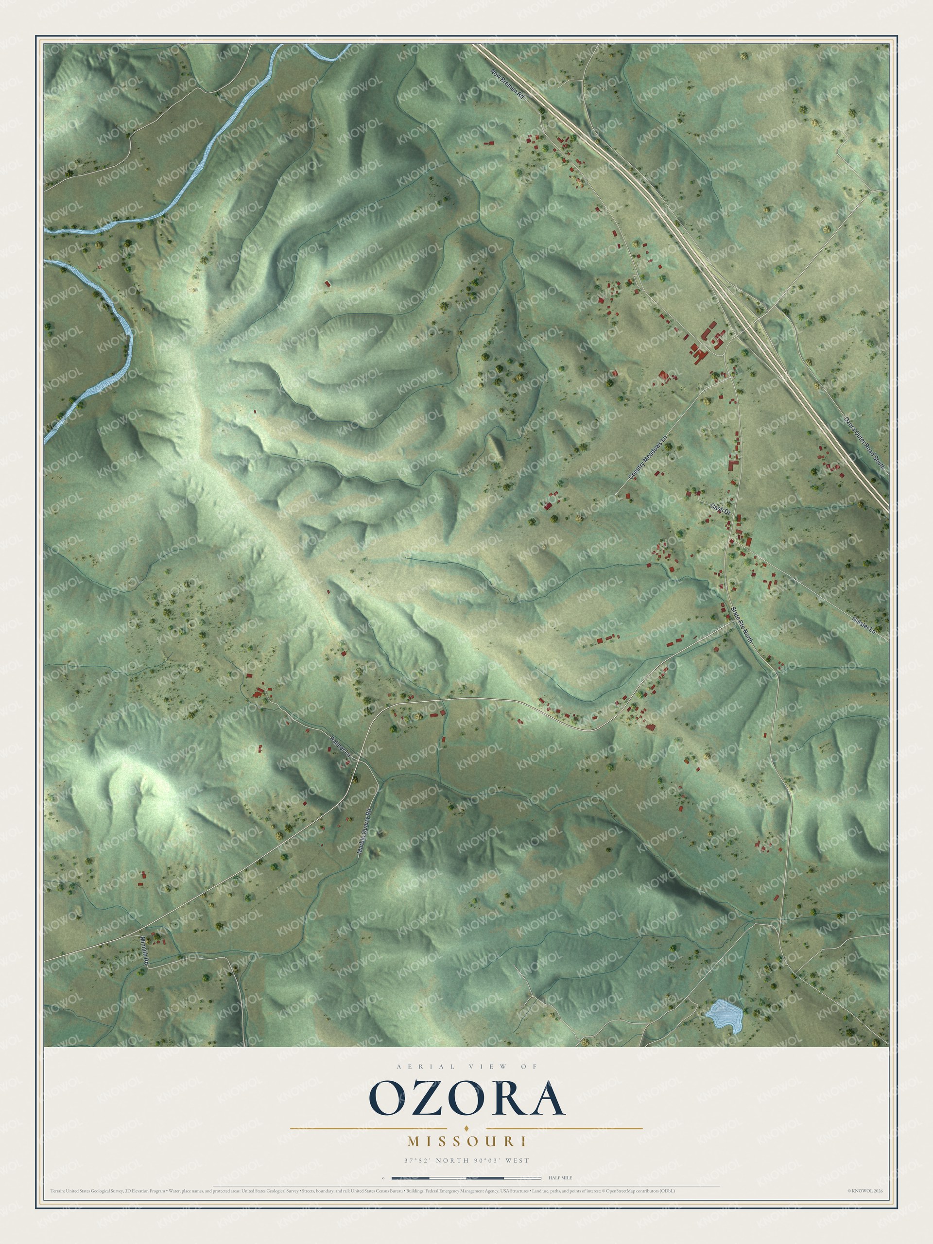 Full map of Ozora, Missouri, with red buildings, printed street names and the land around them