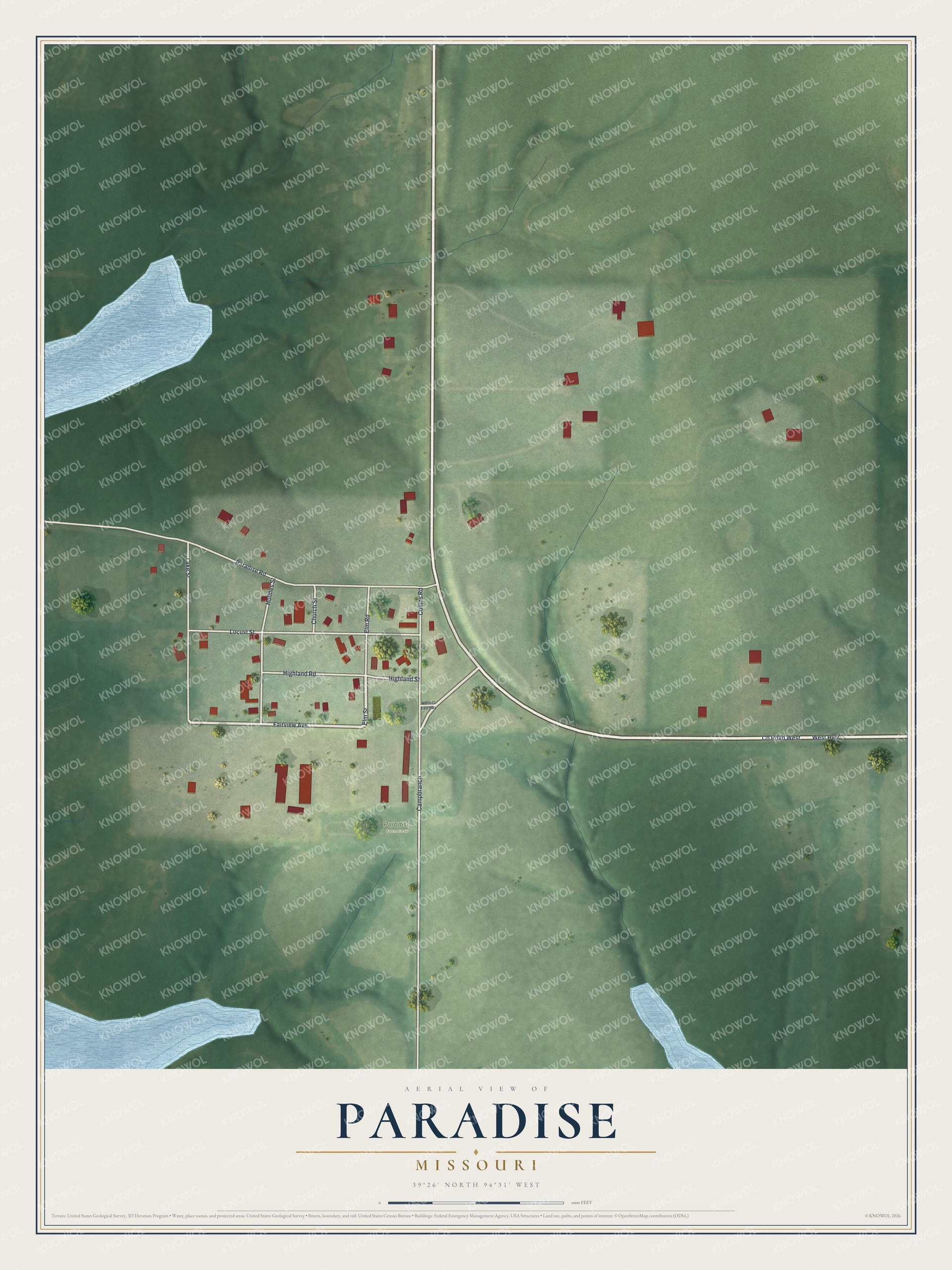 Full map of Paradise, Missouri, with red buildings, printed street names and the land around them