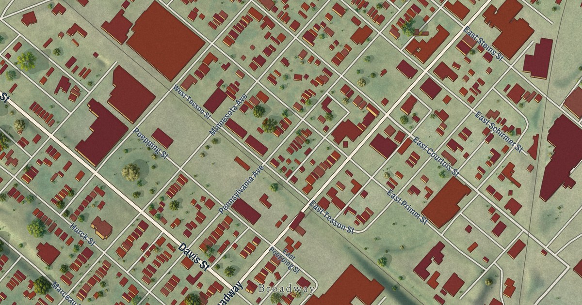 Close-up of streets and buildings in Patch, Missouri