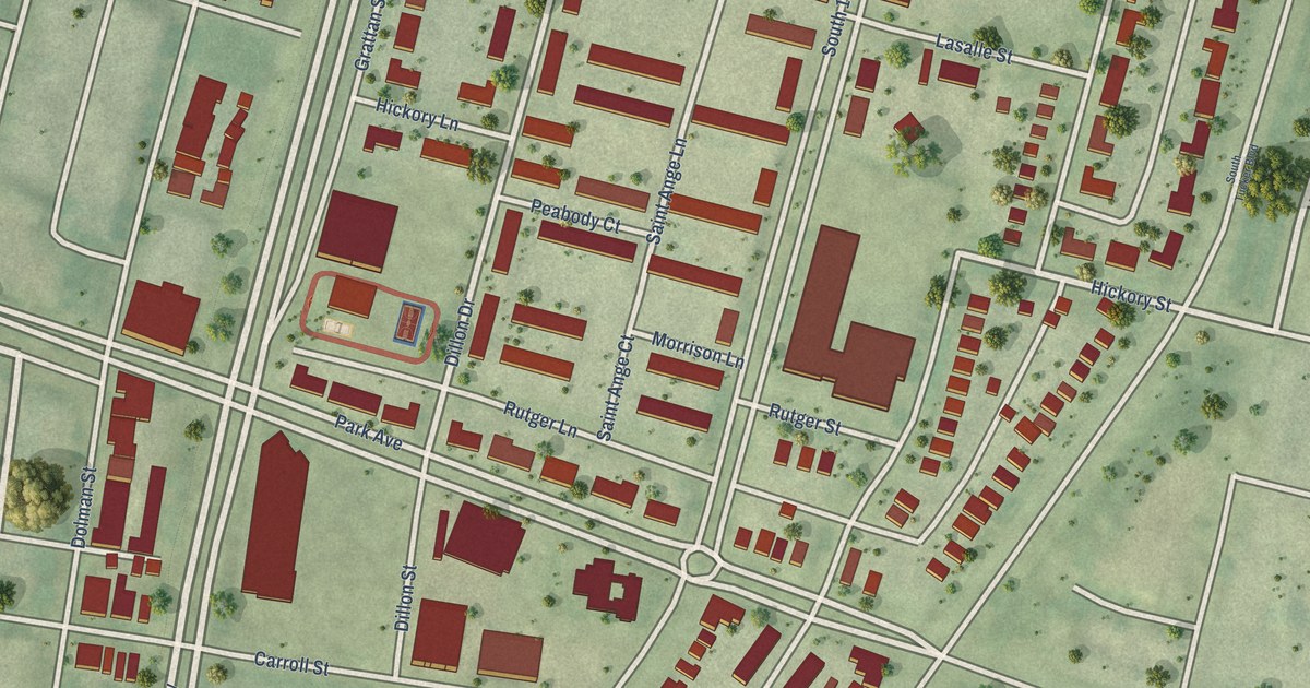 Close-up of streets and buildings in Peabody Darst Webbe, Missouri