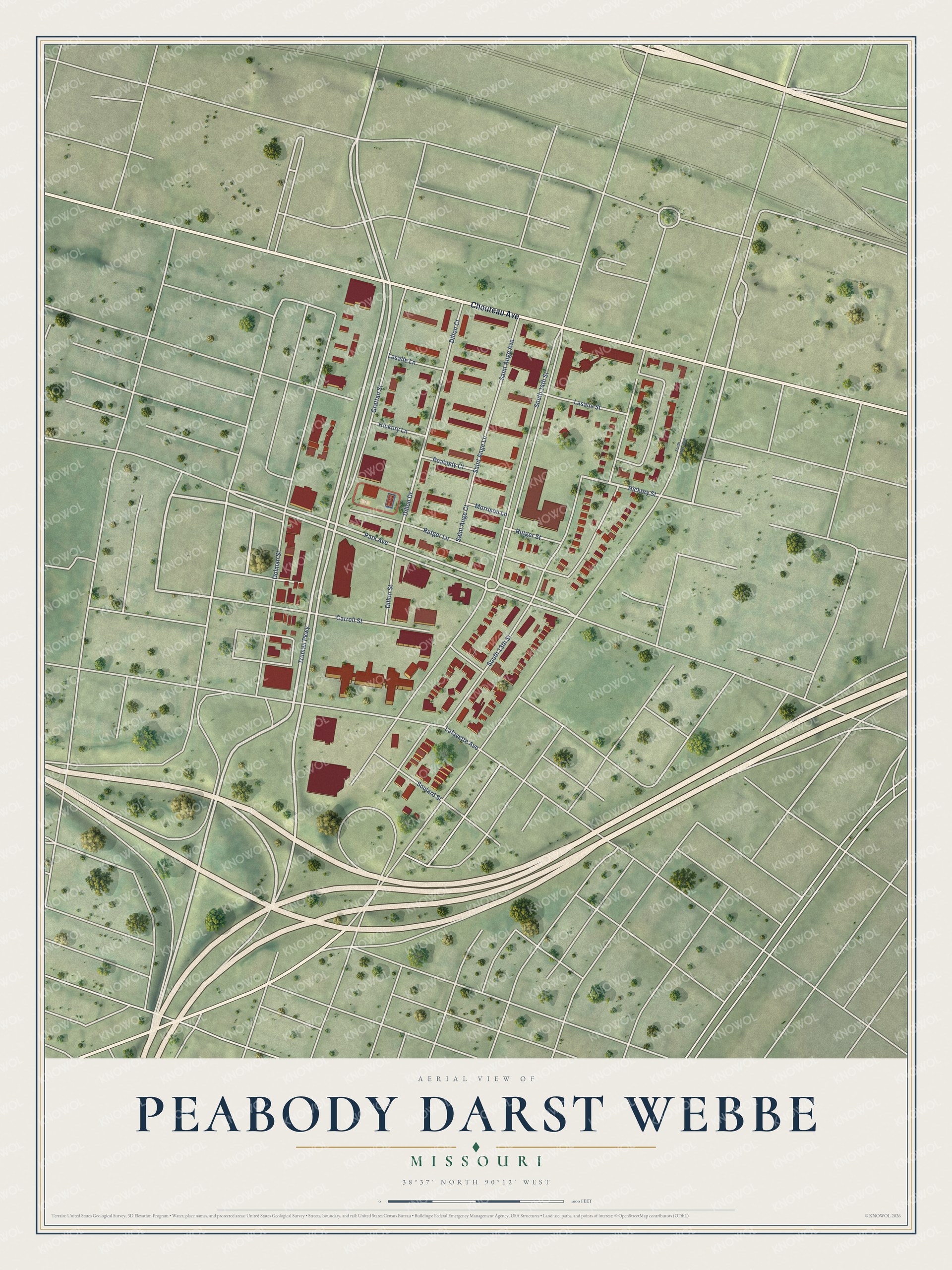 Full map of Peabody Darst Webbe, Missouri, with red buildings, printed street names and the land around them