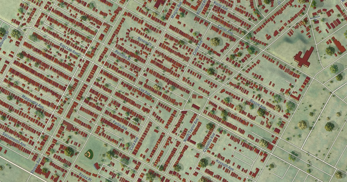 Close-up of streets and buildings in Penrose, Missouri