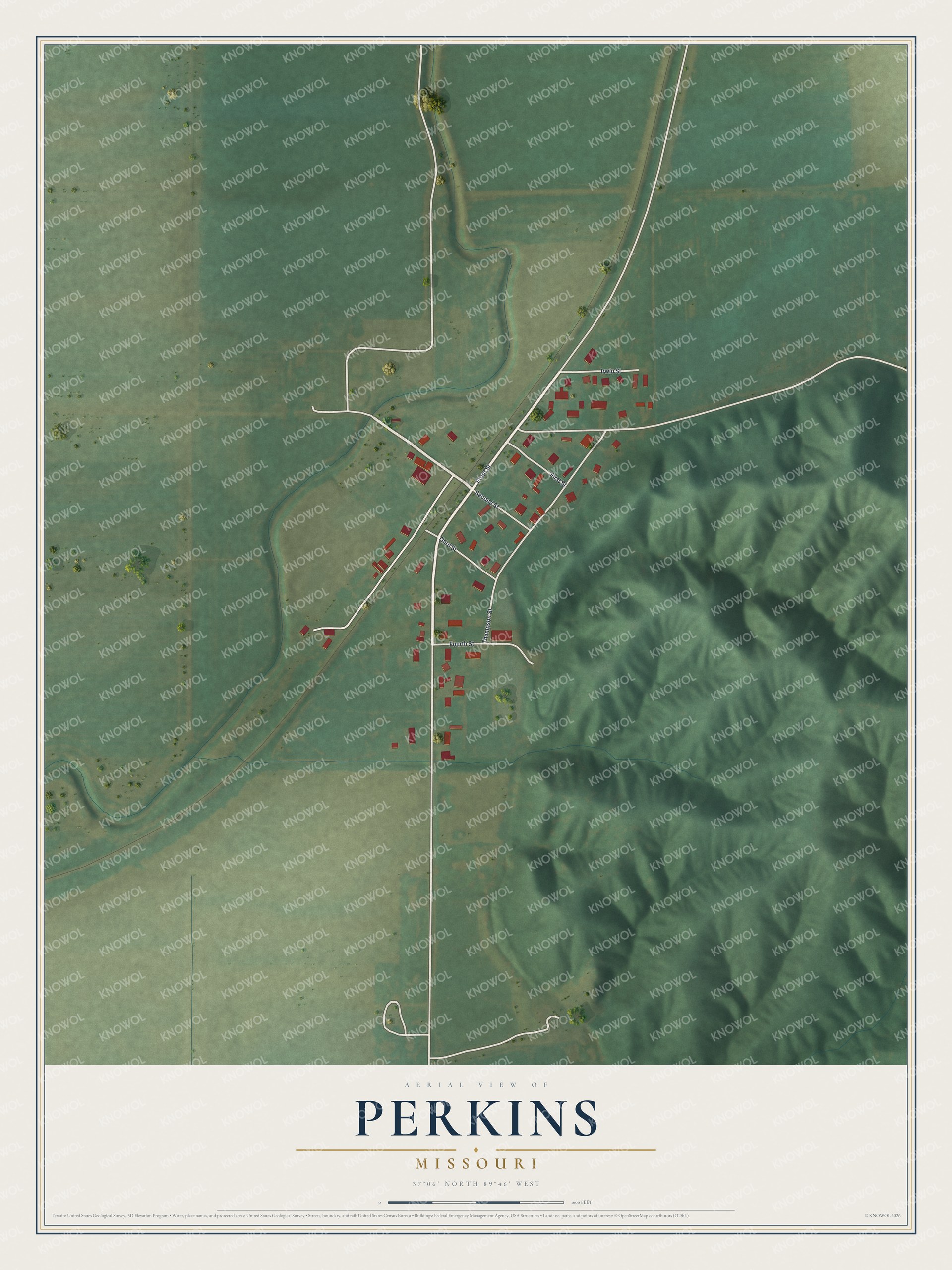 Full map of Perkins, Missouri, with red buildings, printed street names and the land around them