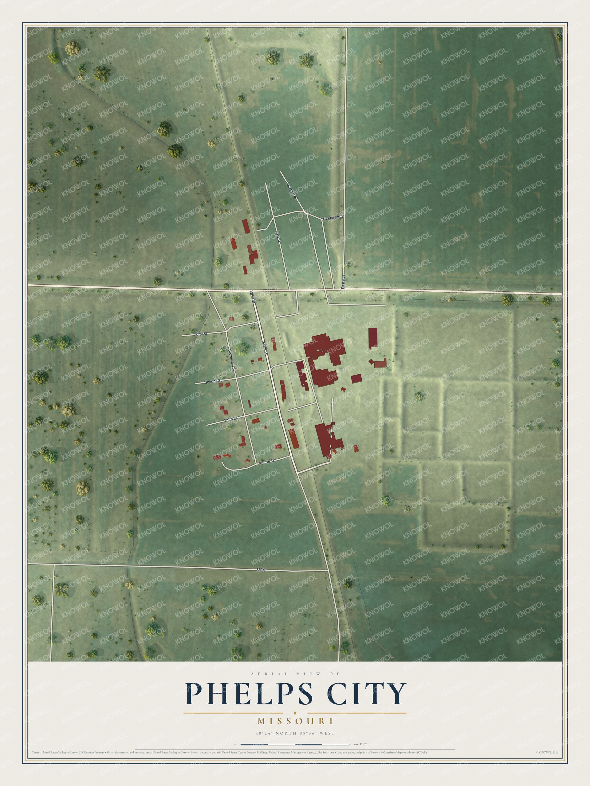 Full map of Phelps City, Missouri, with red buildings, printed street names and the land around them