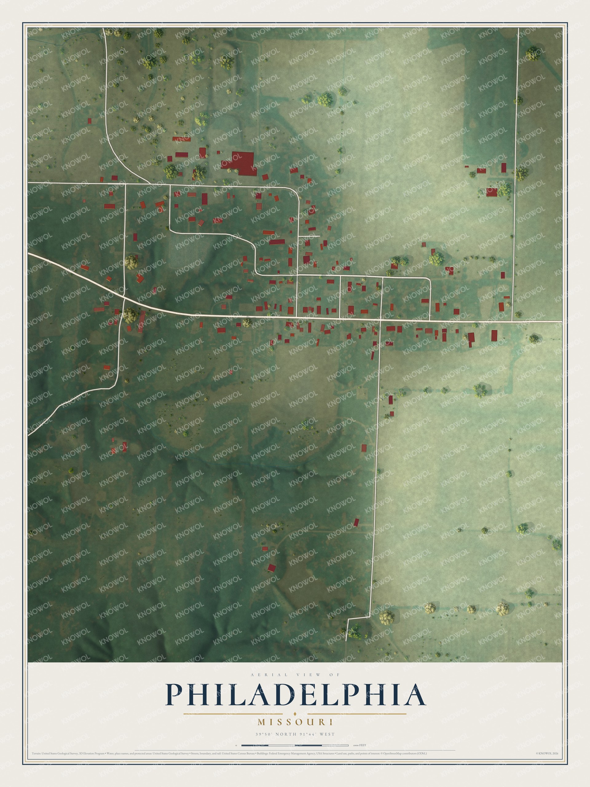 Full map of Philadelphia, Missouri, with red buildings, printed street names and the land around them
