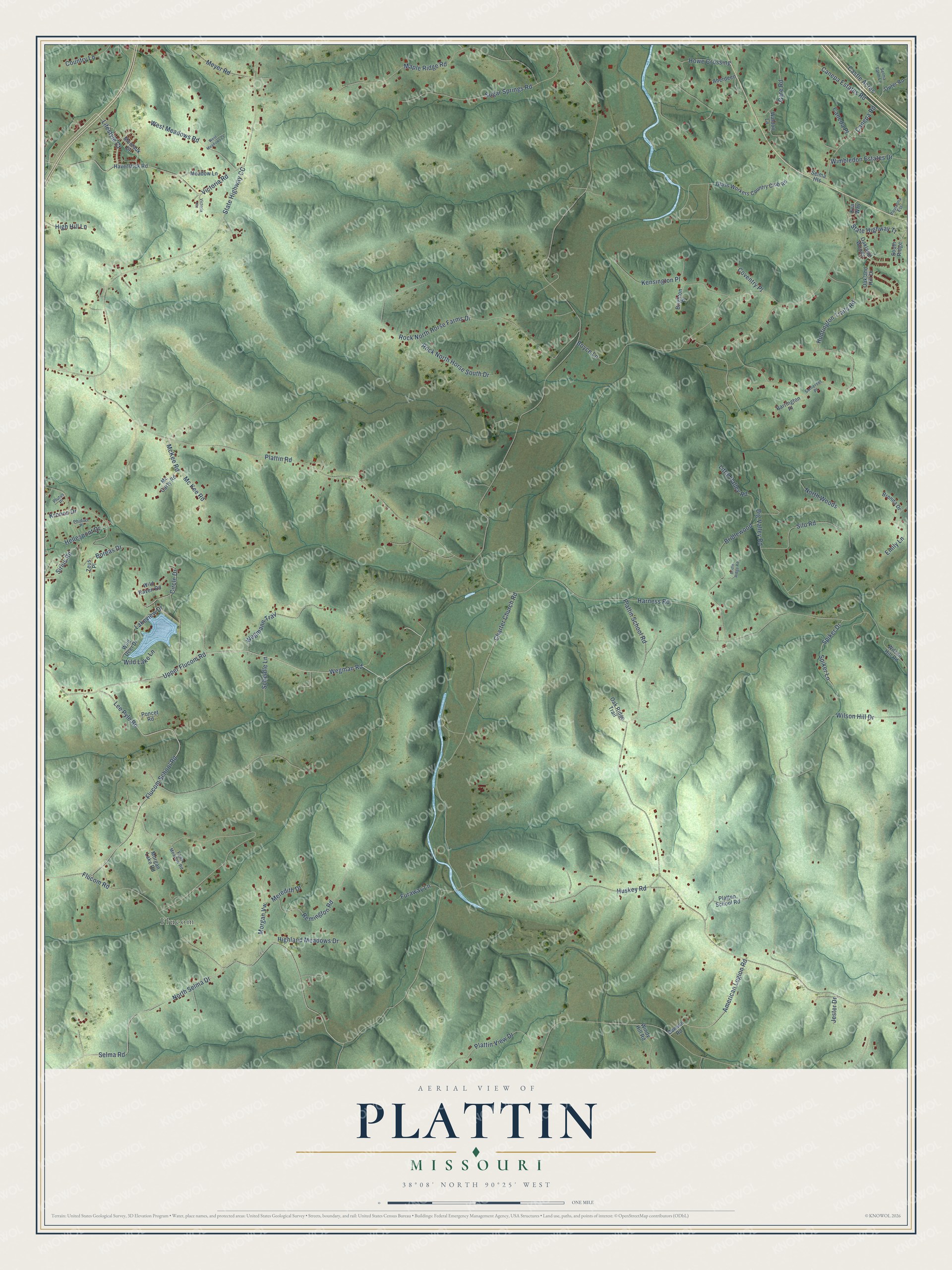 Full map of Plattin, Missouri, with red buildings, printed street names and the land around them