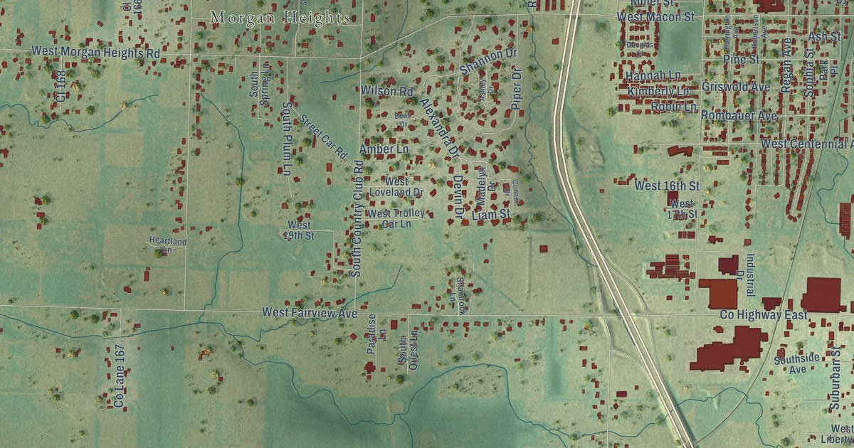 Close-up of streets and buildings in Pleasant Valley, Jasper County, Missouri