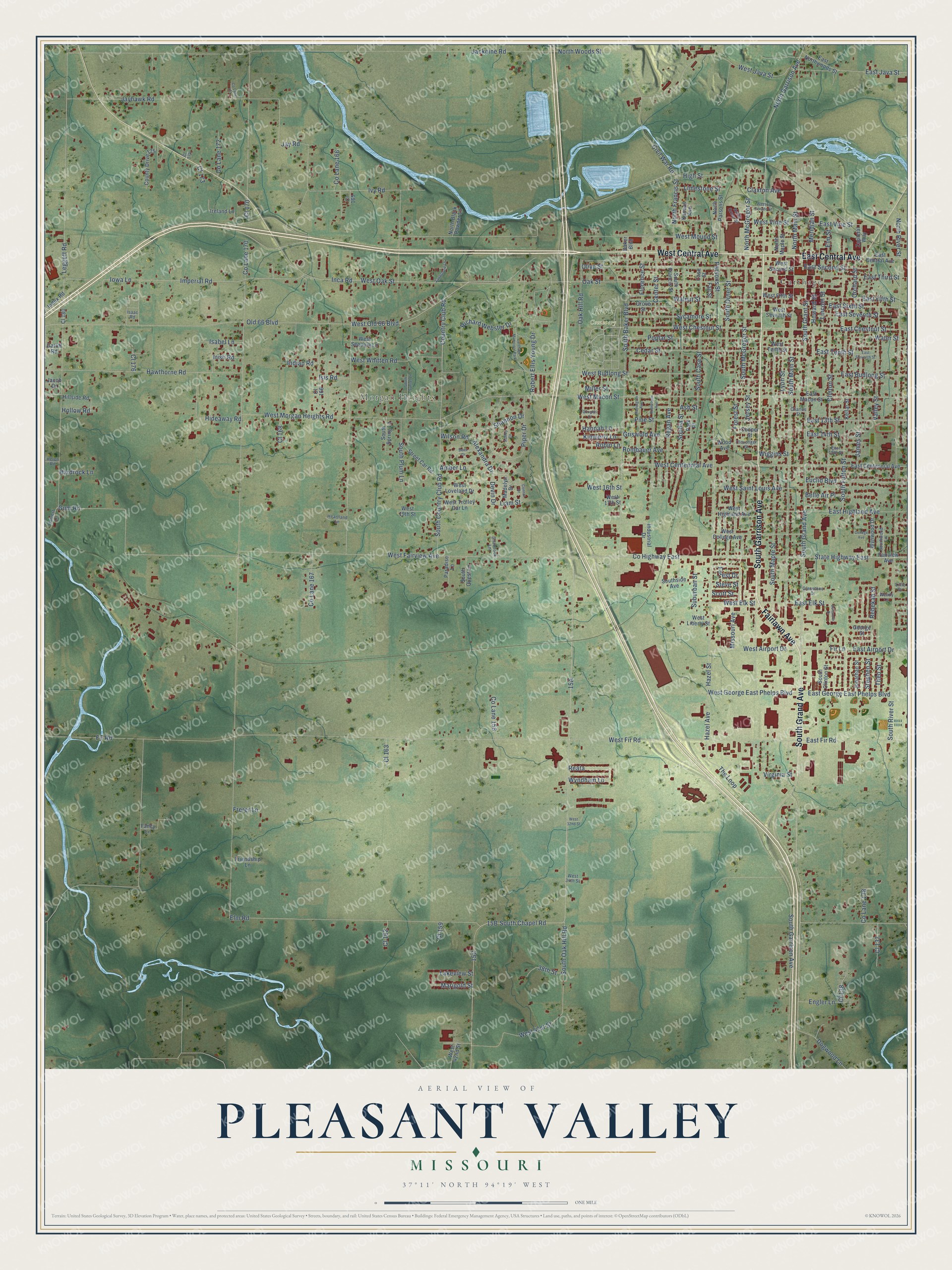 Full map of Pleasant Valley, Missouri, with red buildings, printed street names and the land around them