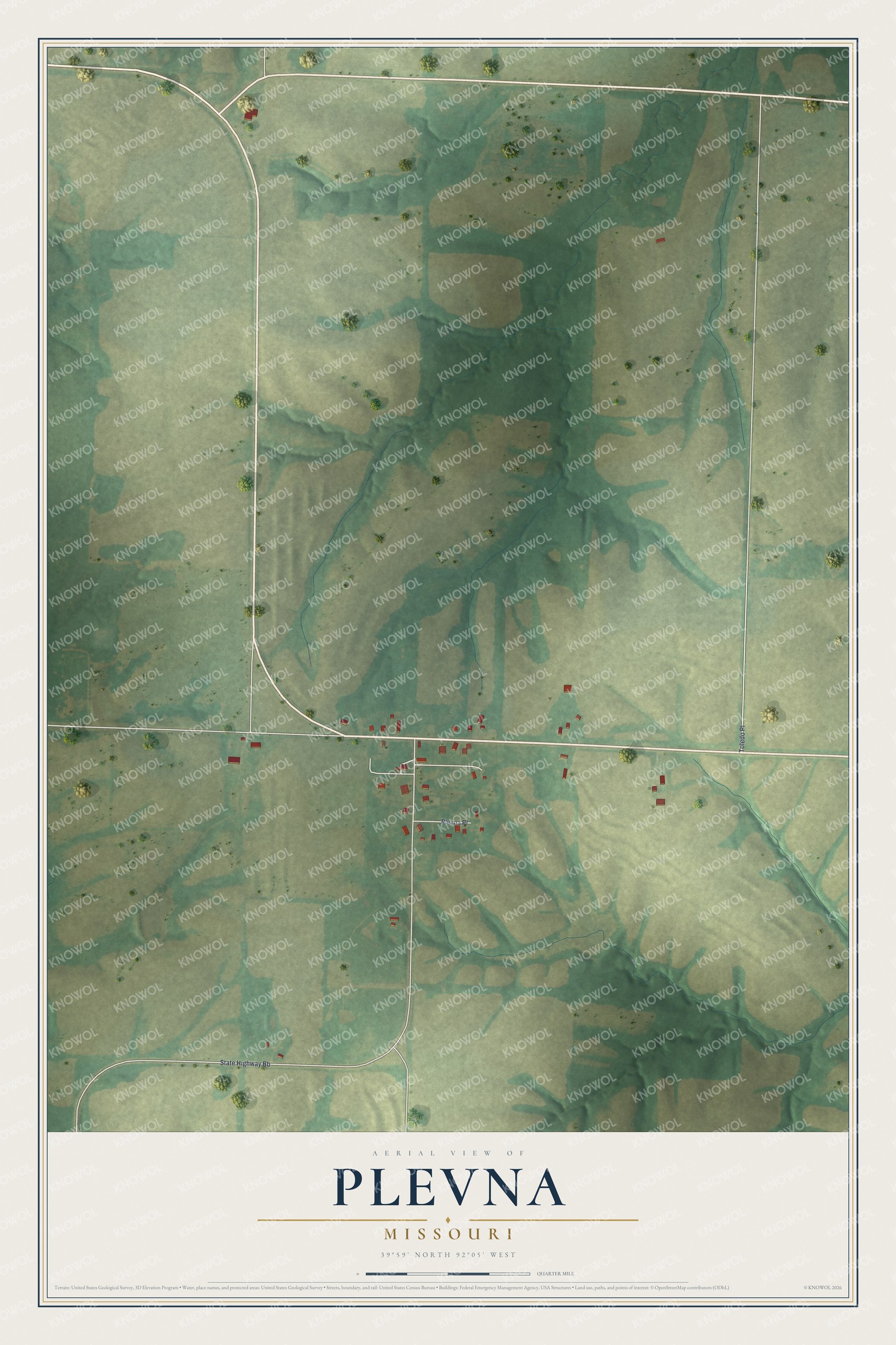 Full map of Plevna, Missouri, with red buildings, printed street names and the land around them