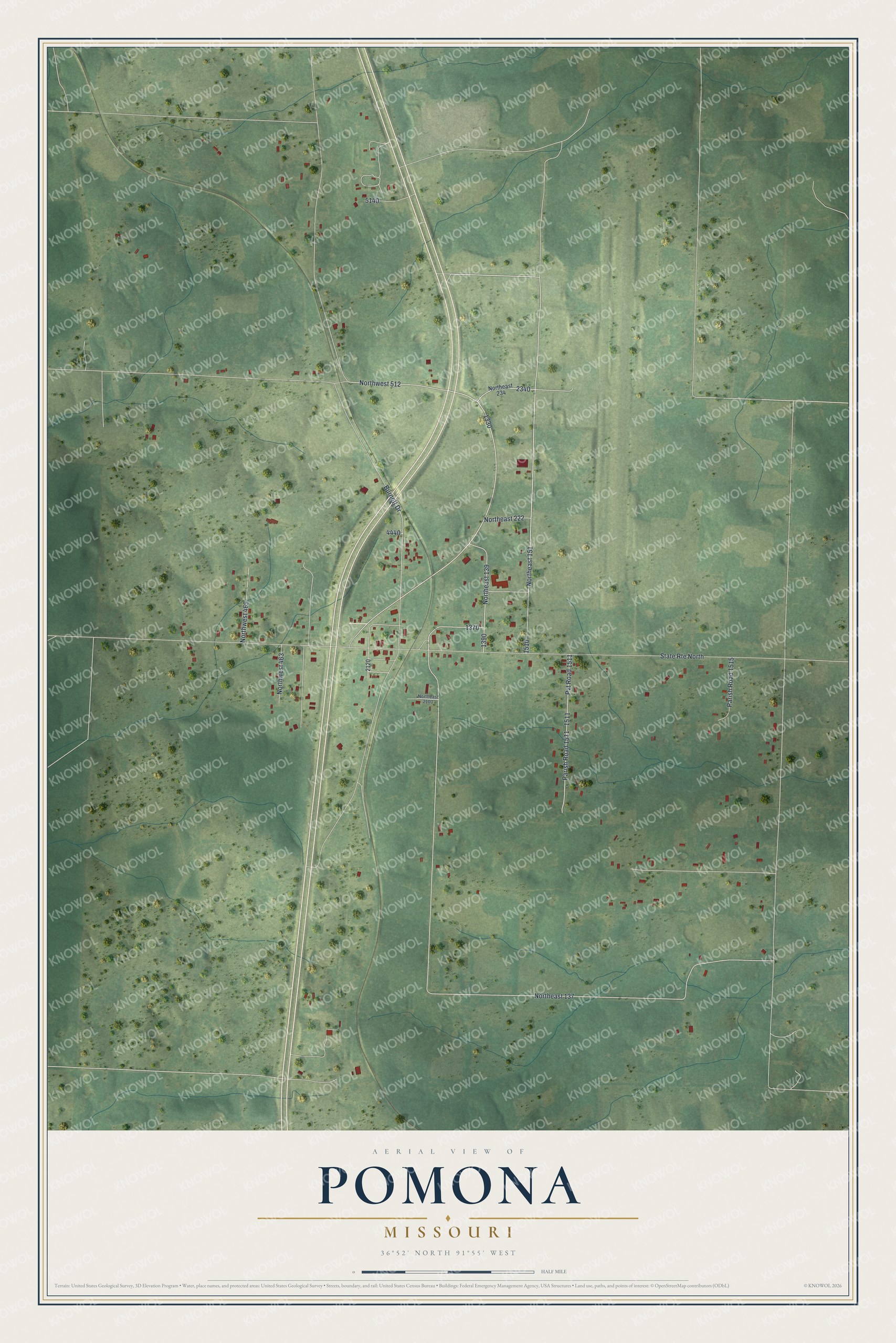 Full map of Pomona, Missouri, with red buildings, printed street names and the land around them