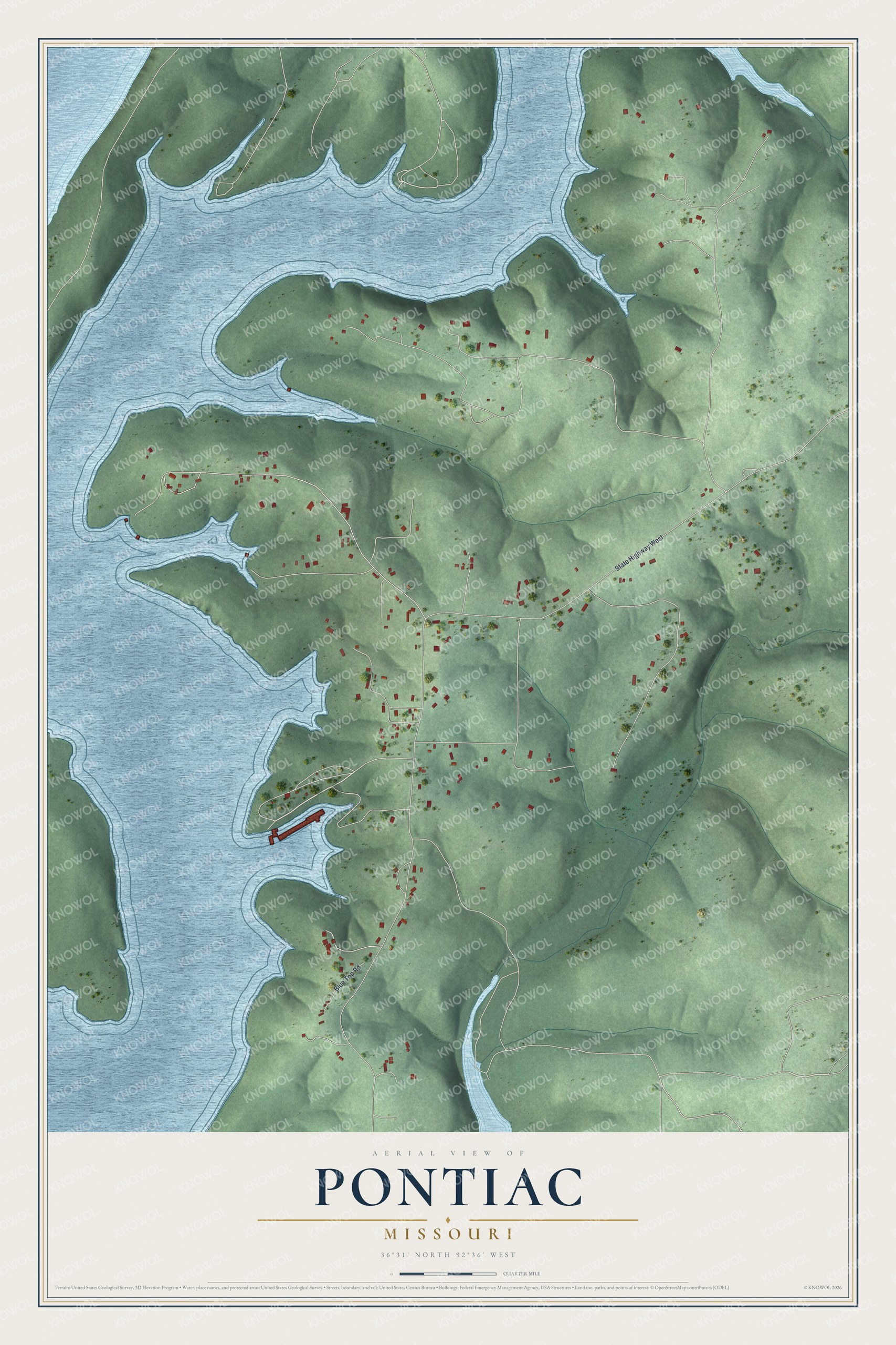 Full map of Pontiac, Missouri, with red buildings, printed street names and the land around them