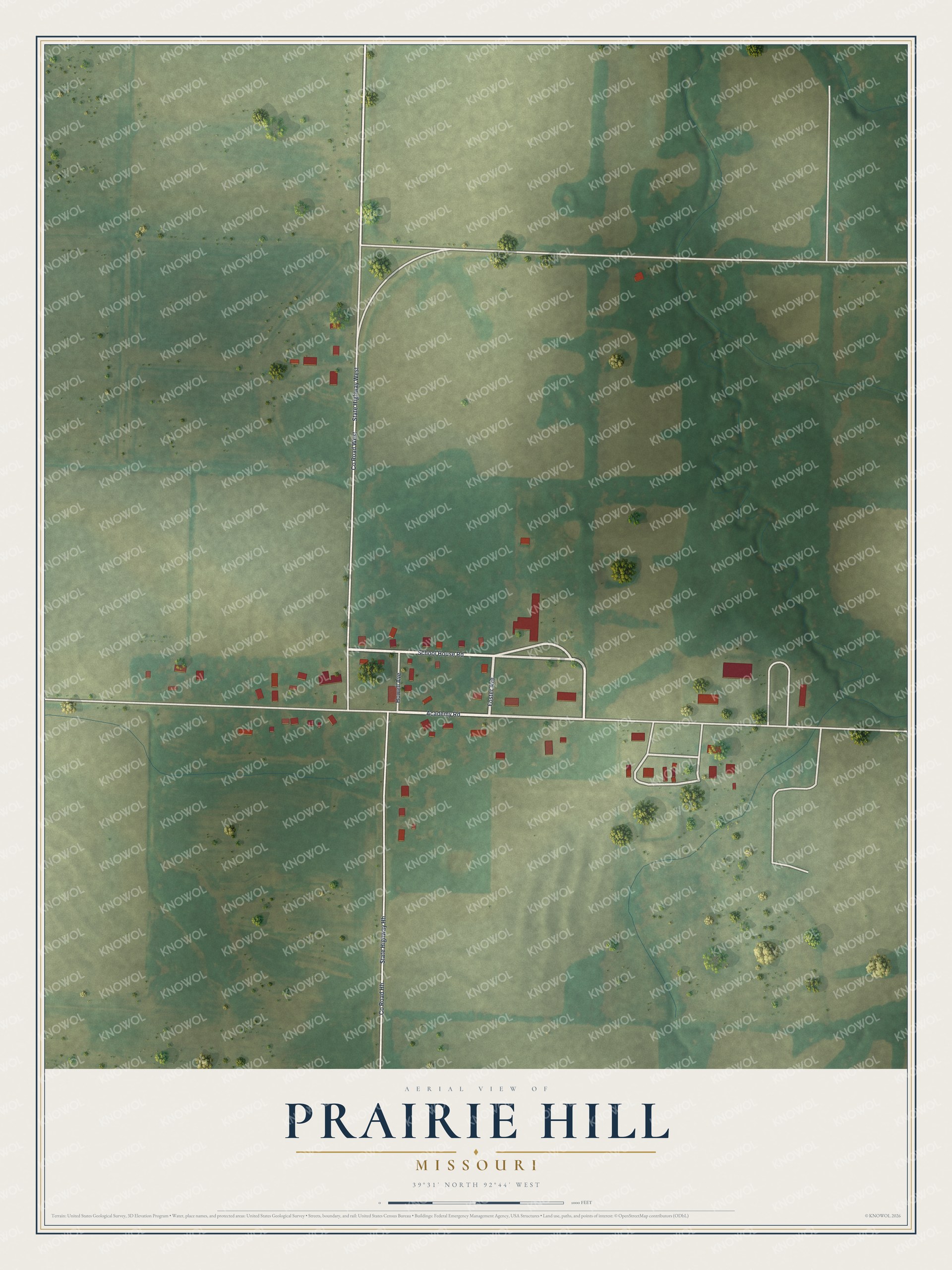 Full map of Prairie Hill, Missouri, with red buildings, printed street names and the land around them