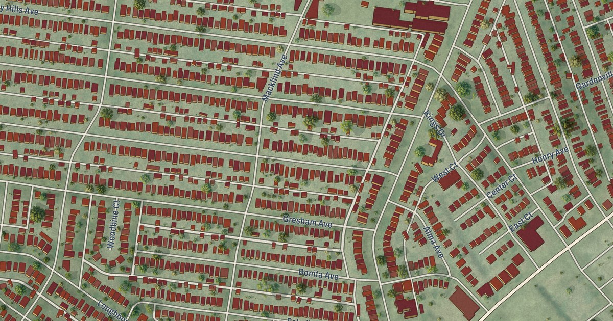 Close-up of streets and buildings in Princeton Heights, Missouri