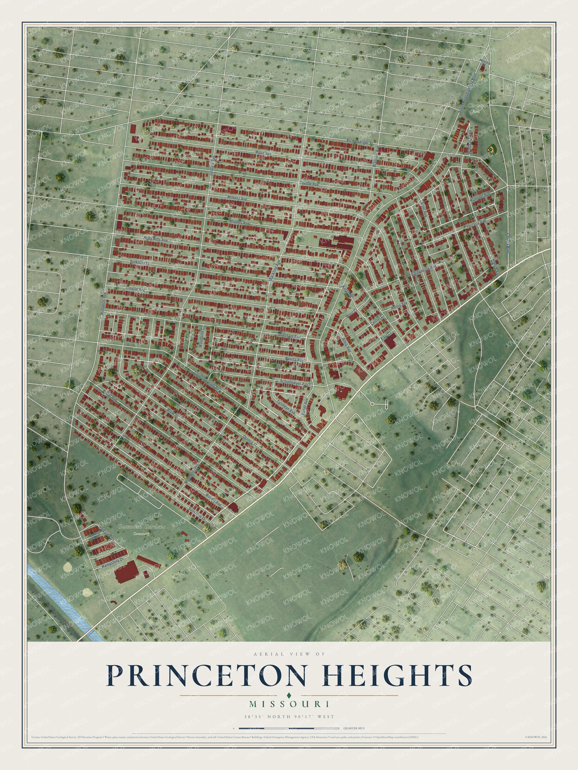 Full map of Princeton Heights, Missouri, with red buildings, printed street names and the land around them
