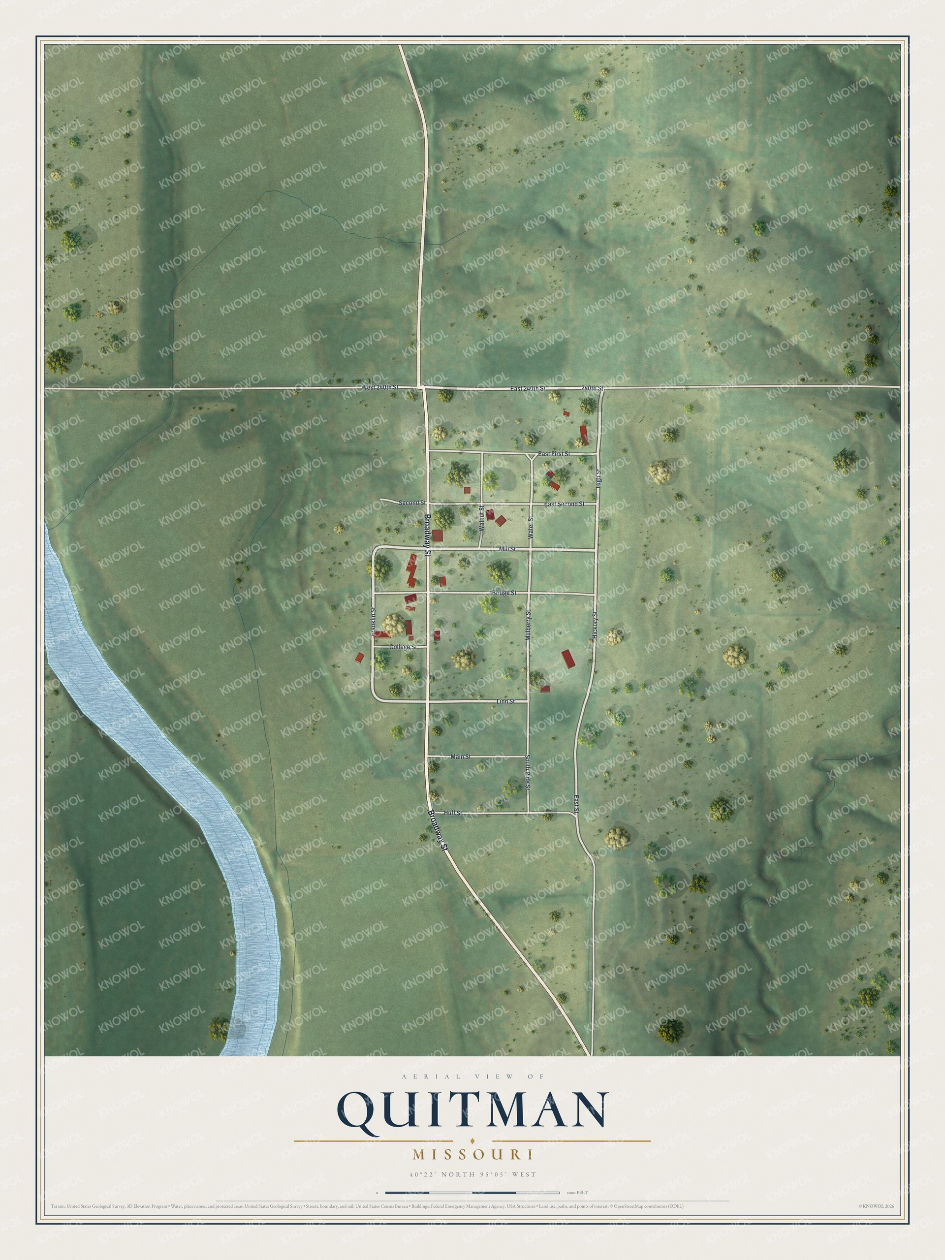 Full map of Quitman, Missouri, with red buildings, printed street names and the land around them