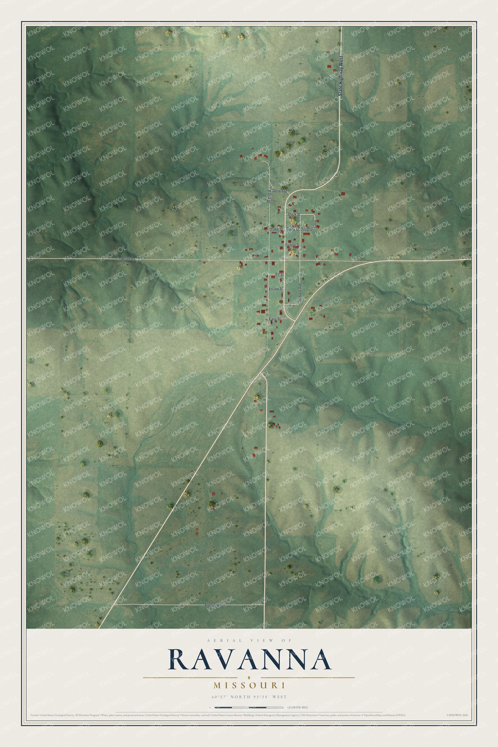 Full map of Ravanna, Missouri, with red buildings, printed street names and the land around them