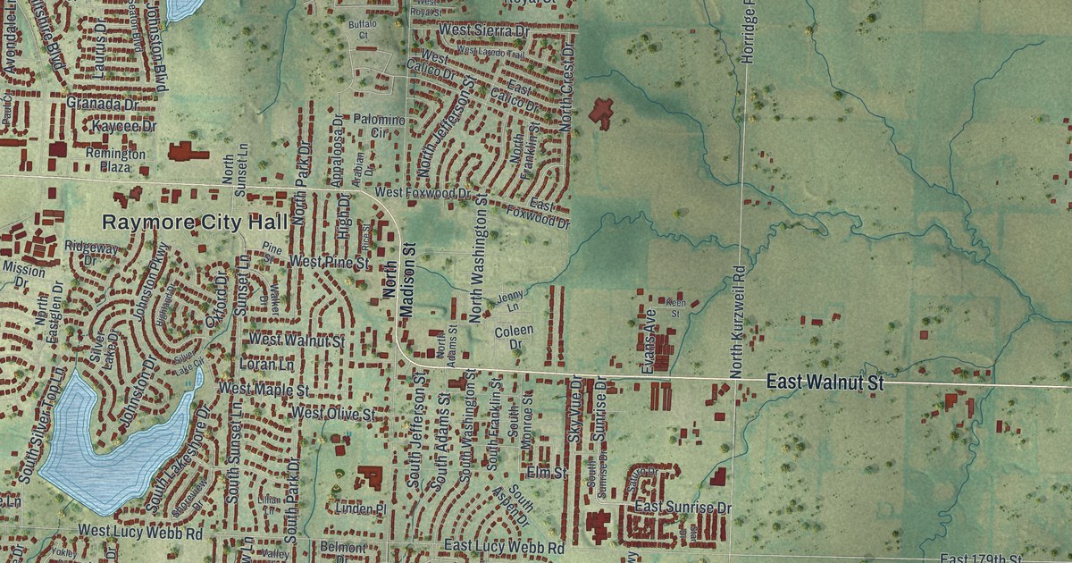 Close-up of streets and buildings in Raymore, Missouri