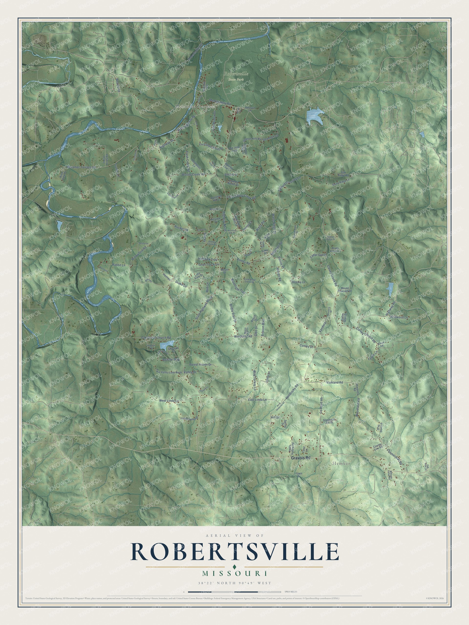 Full map of Robertsville, Missouri, with red buildings, printed street names and the land around them