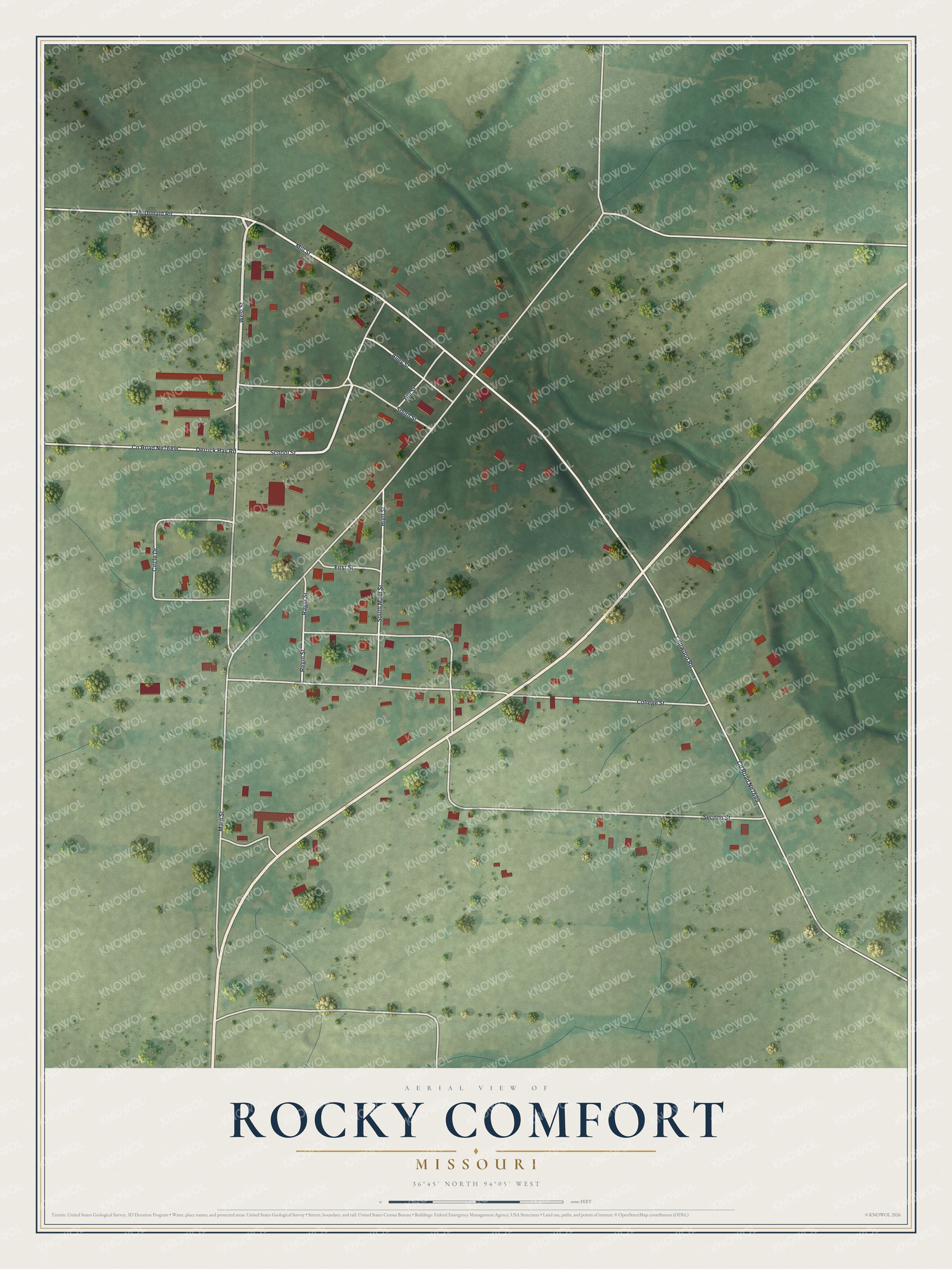 Full map of Rocky Comfort, Missouri, with red buildings, printed street names and the land around them